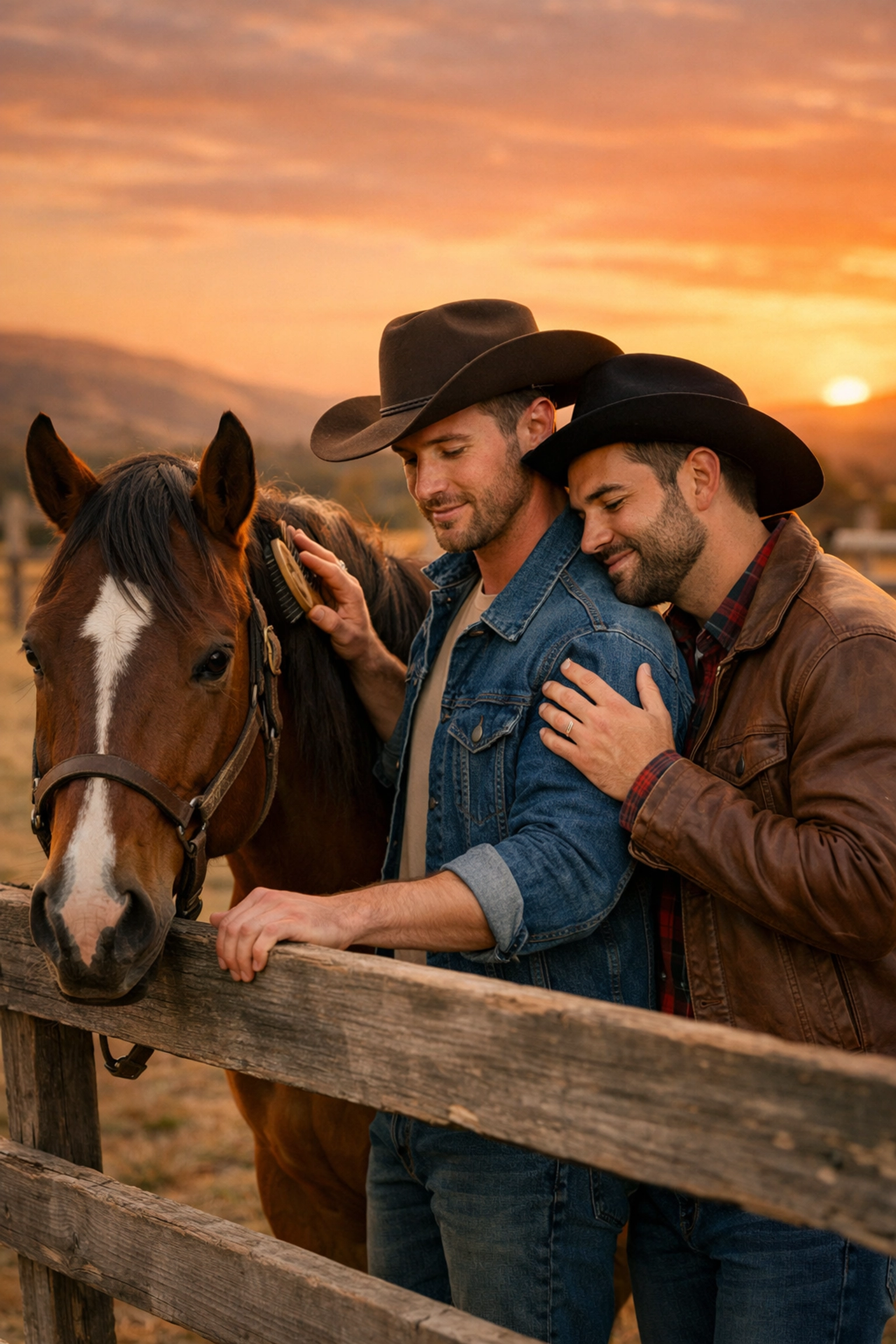 A romantic gay couple in western wear bonding with a horse on a ranch at sunset, like an MM romance novel.