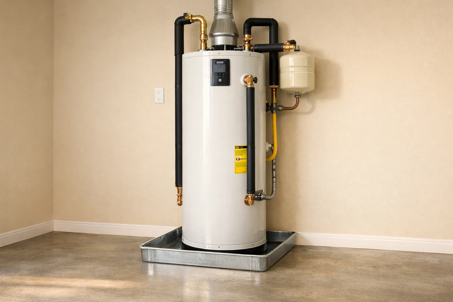 Code-compliant water heater installation in Florida with insulated pipes and safety pan.