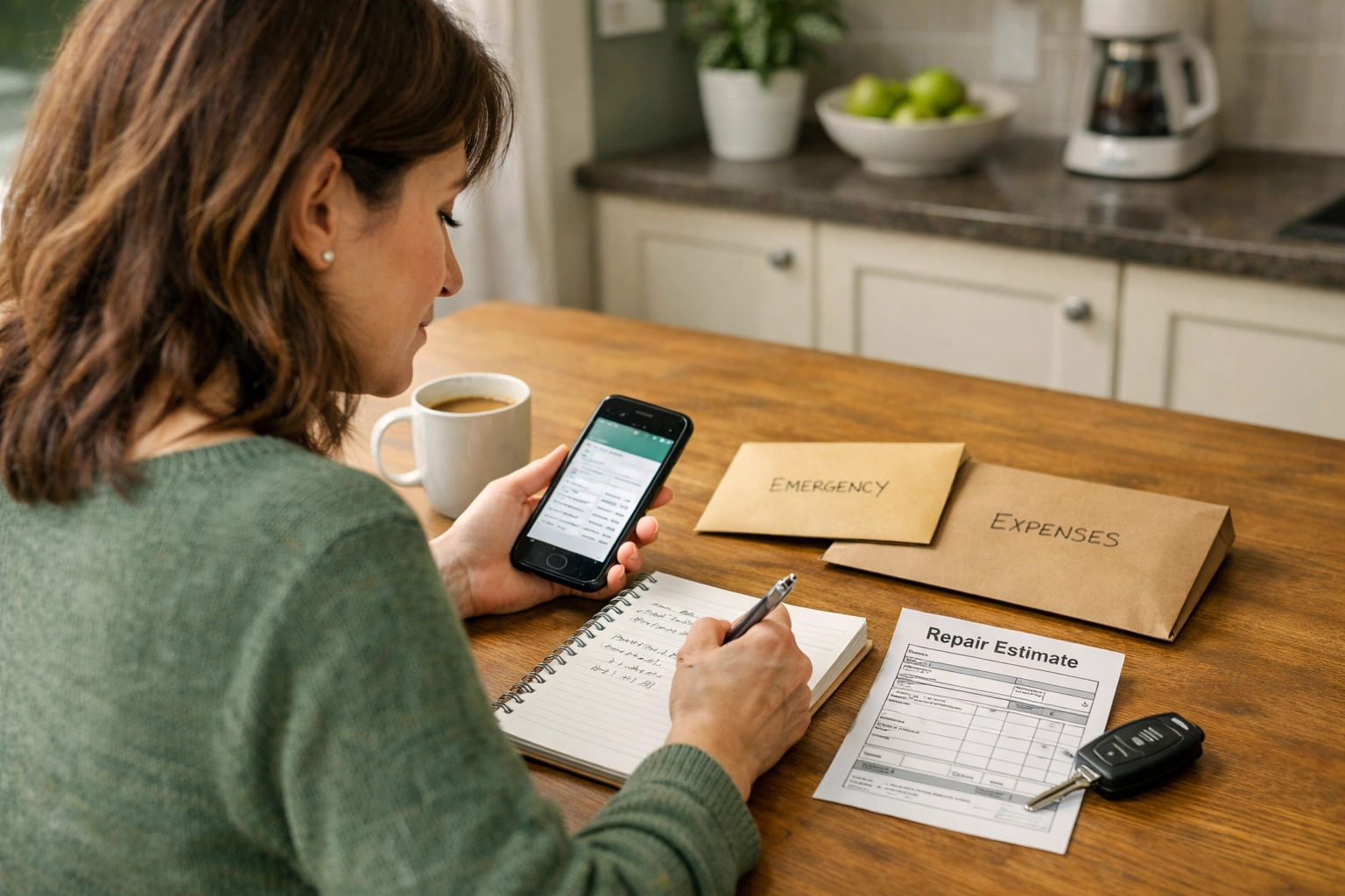 Budgeting for car repairs with installment loans and payday loan options at a kitchen table.