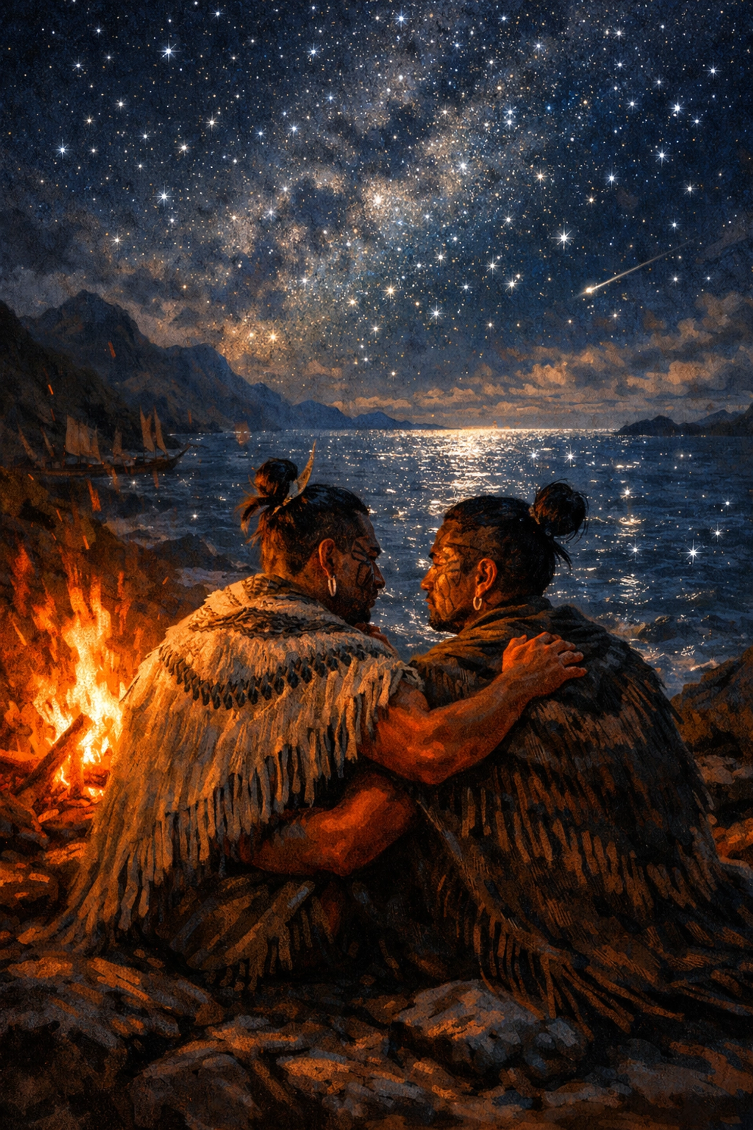 Pre-colonial Māori warriors sharing an intimate moment by a campfire, reflecting gay historical romance origins.