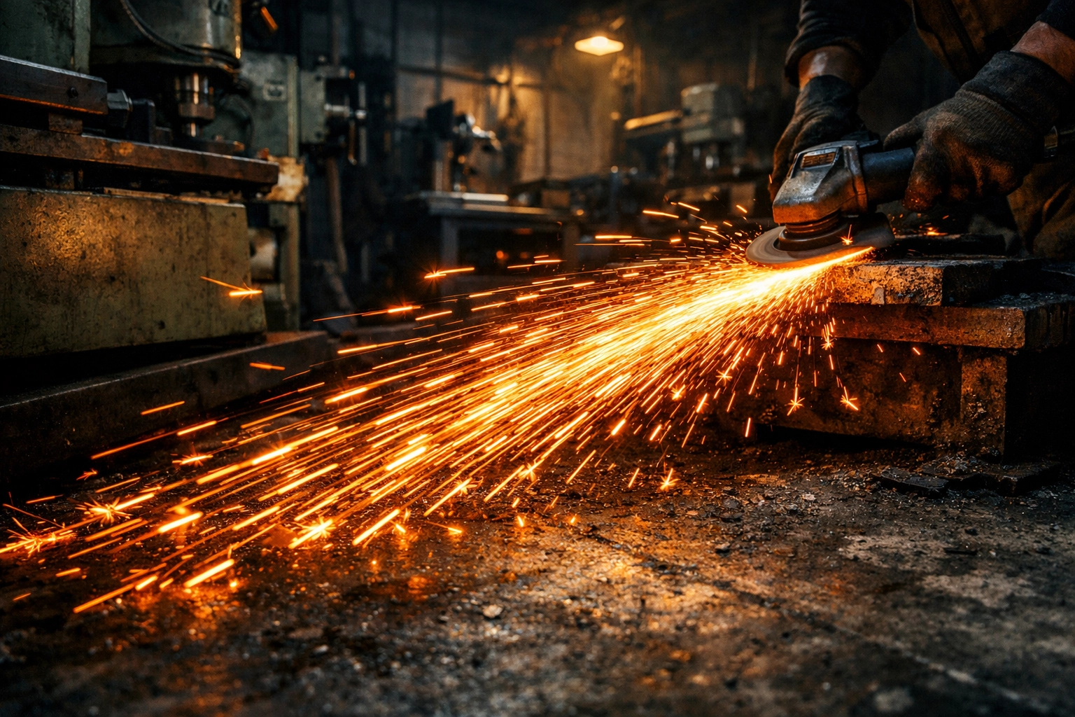 Industrial metal grinding with sparks in a CT shop, representing manufacturing liability and safety risks.