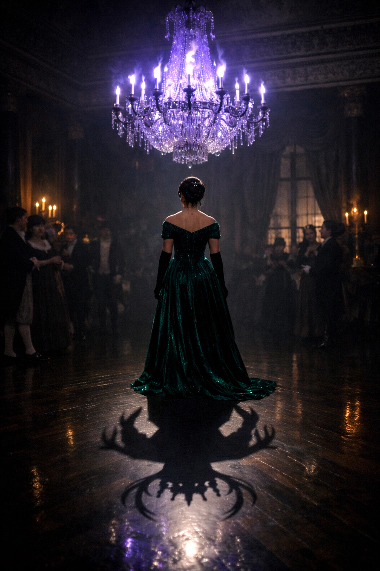 Woman in a Regency ballroom whose shadow reveals a powerful queen, illustrating the heroine's journey.