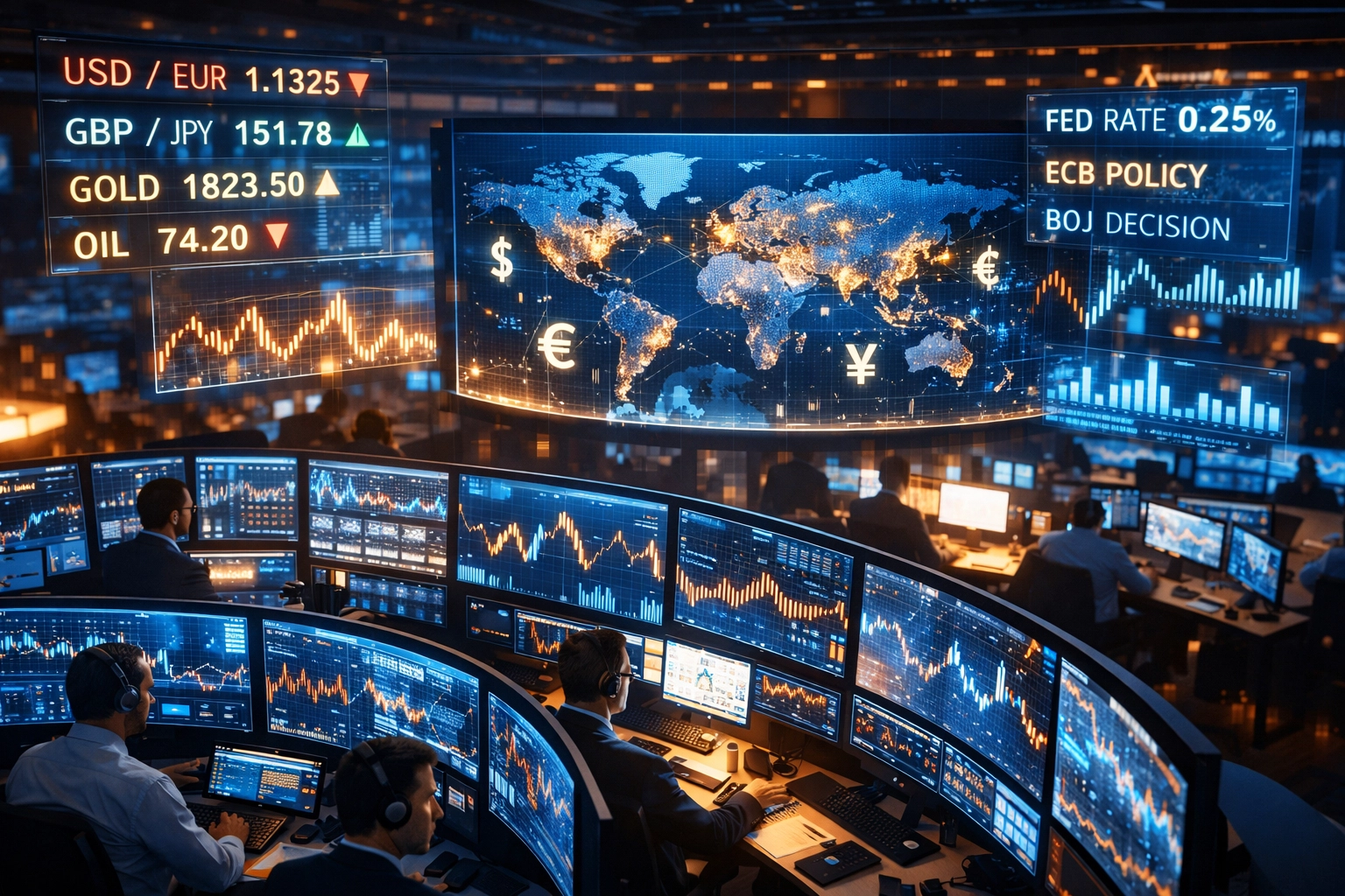 Discretionary macro hedge fund trading floor monitoring global markets and currency fluctuations in 2026