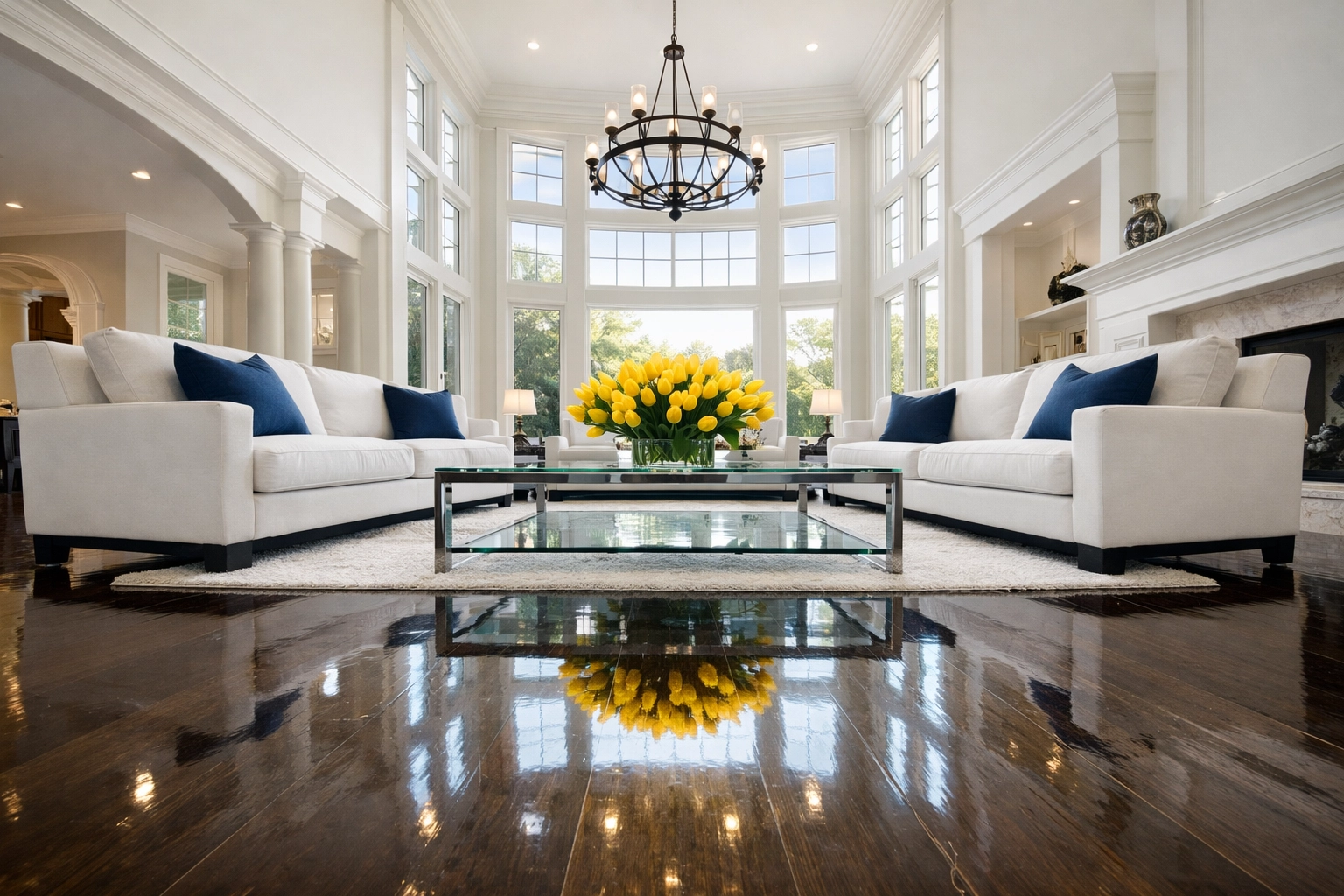 Clean Wellesley living room with polished floors highlighting house cleaning cost in Massachusetts for large estates.