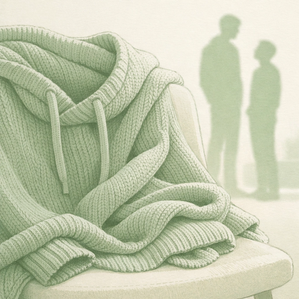 Knit hoodie draped over chair representing sensory comfort in MM contemporary romance