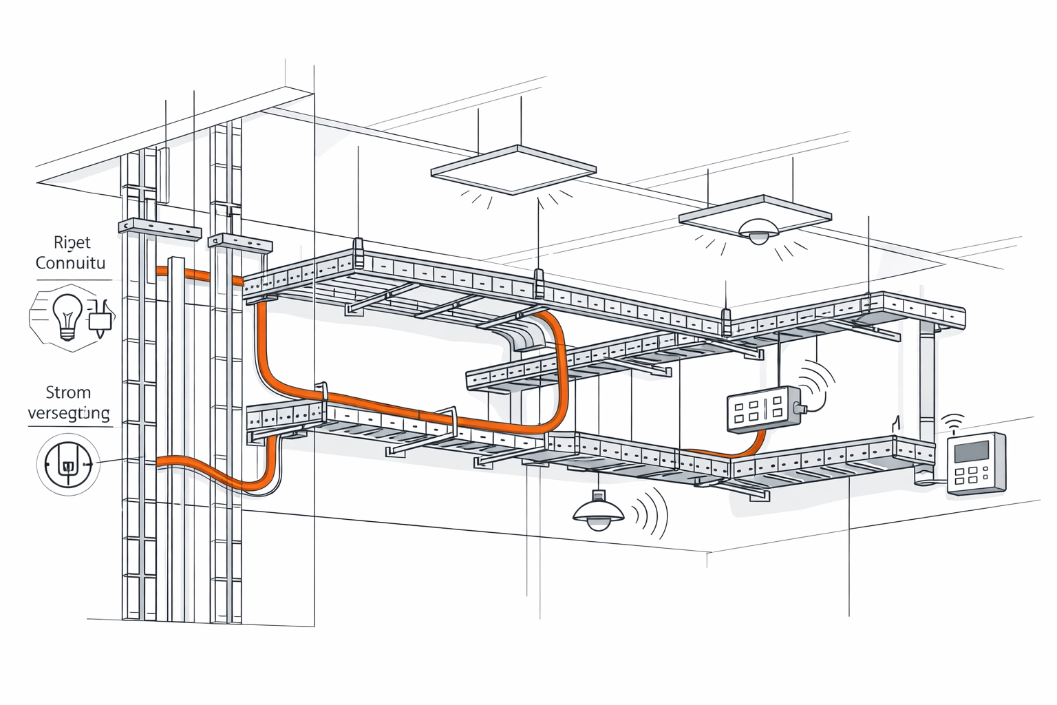 Technische Kabelinfrastruktur für Smart Lighting und Gebäudeautomatisierung.