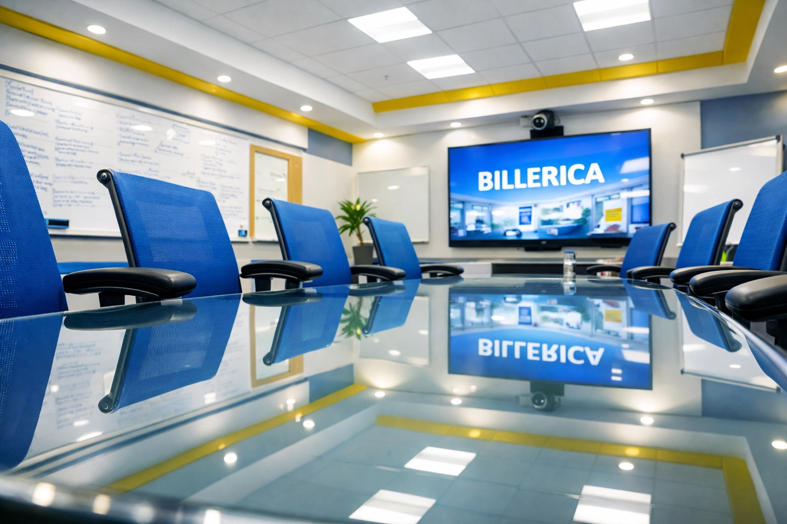 Sanitized Billerica tech conference room with a spotless glass table and organized workspace.