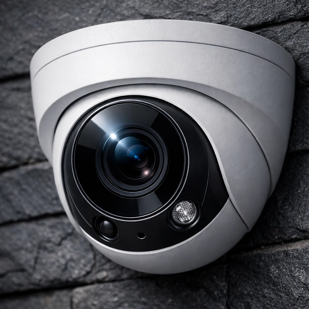 Professional 4K NVR IP security camera mounted on a modern grey slate exterior wall.