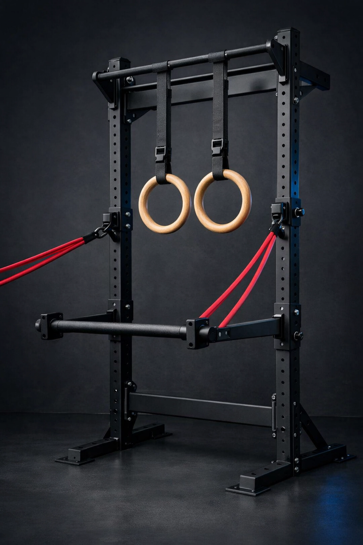 Versatile home gym rail with resistance bands and gymnastic rings for professional calisthenics at home.