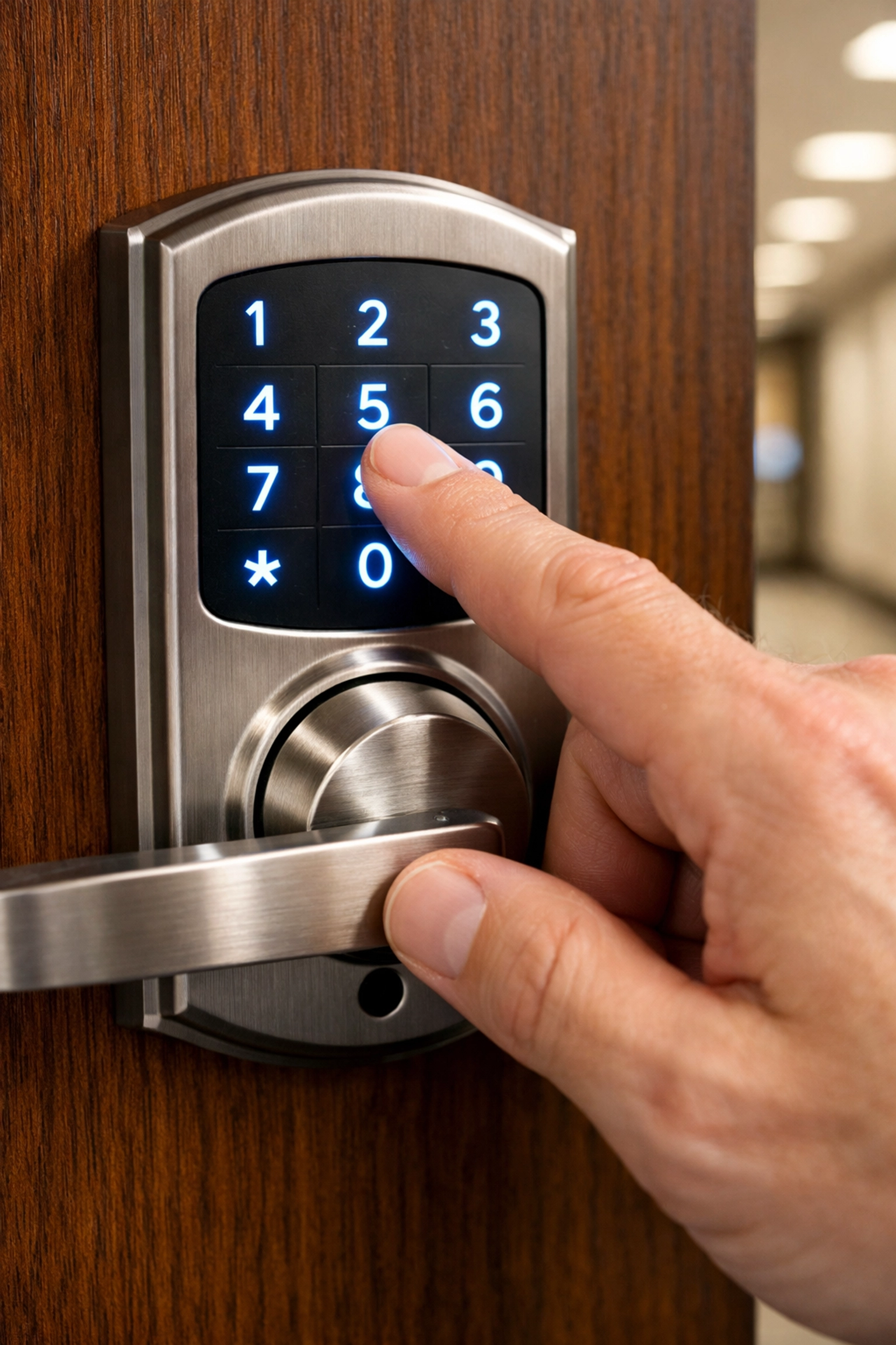 Close-up of a resident using a digital keypad lock on a bedroom door inside a shared home, highlighting privacy and peace of mind for professionals renting a room. (Security/Peace of Mind)