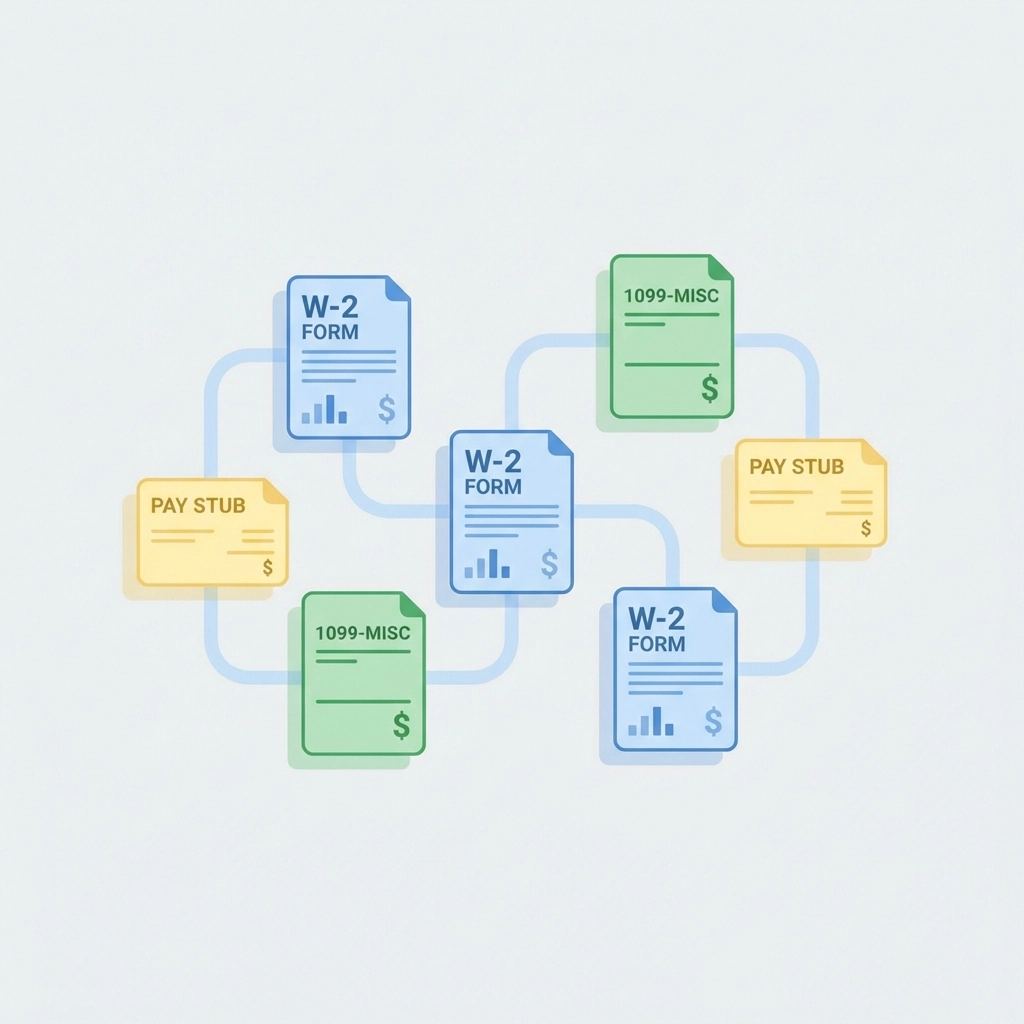 Various tax documents such as W-2s and 1099s neatly arranged, highlighting organized tax preparation records.