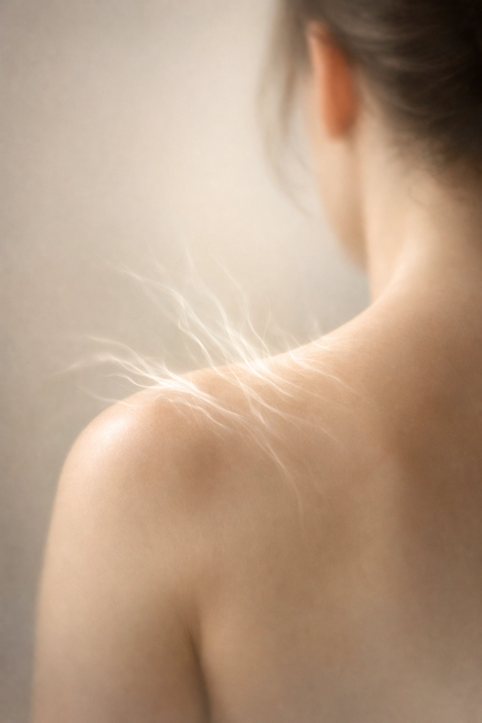 Shoulder and neck showing muscle tension from stress reflexes and chronic pain response