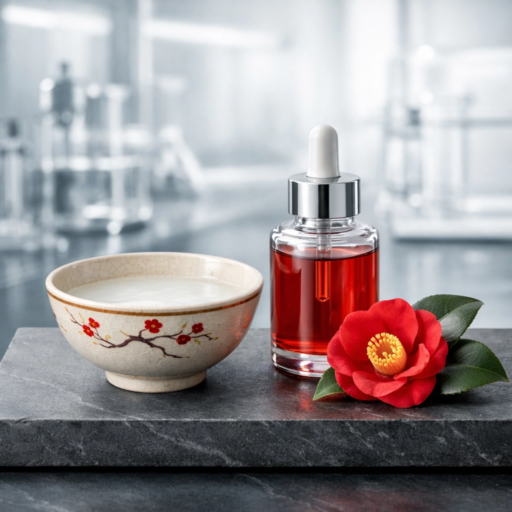 Rice water and Tsubaki oil ingredients representing Japanese botanical wisdom for healthy hair.