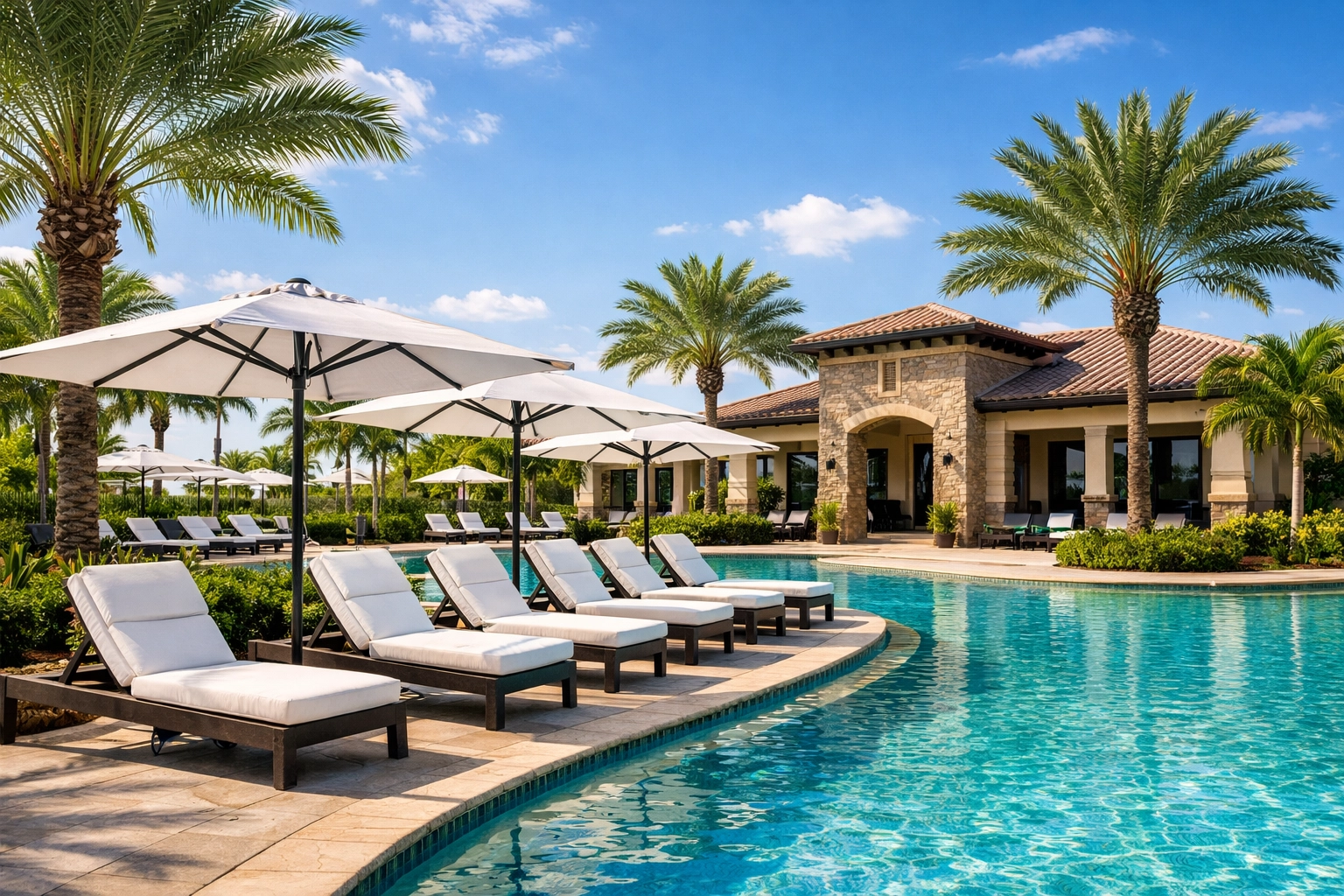 Resort-style pool and tropical landscaping in a gated community in Cape Coral Florida.