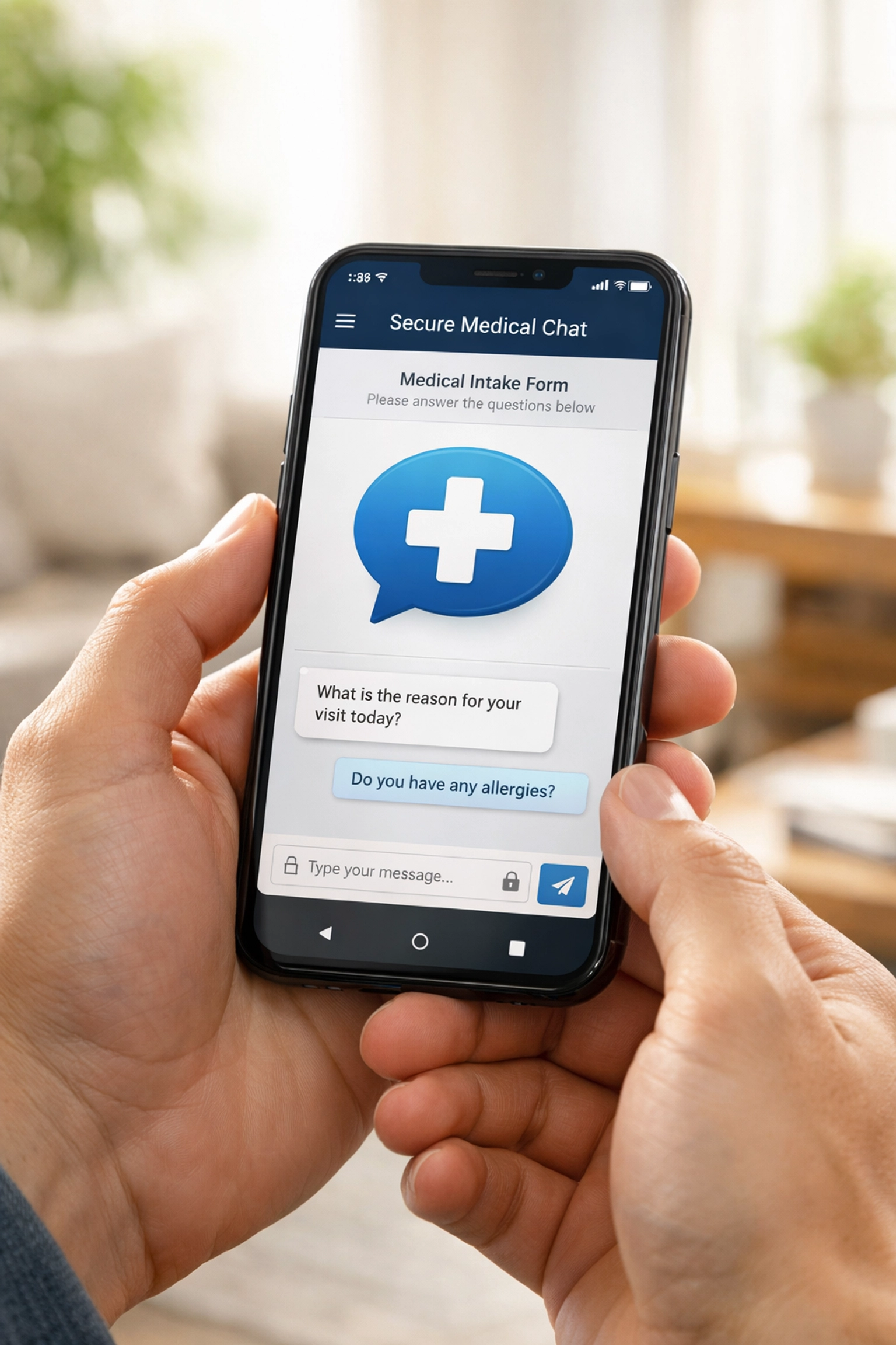 Patient using secure medical messaging on a smartphone to consult with a doctor for a UTI prescription online.