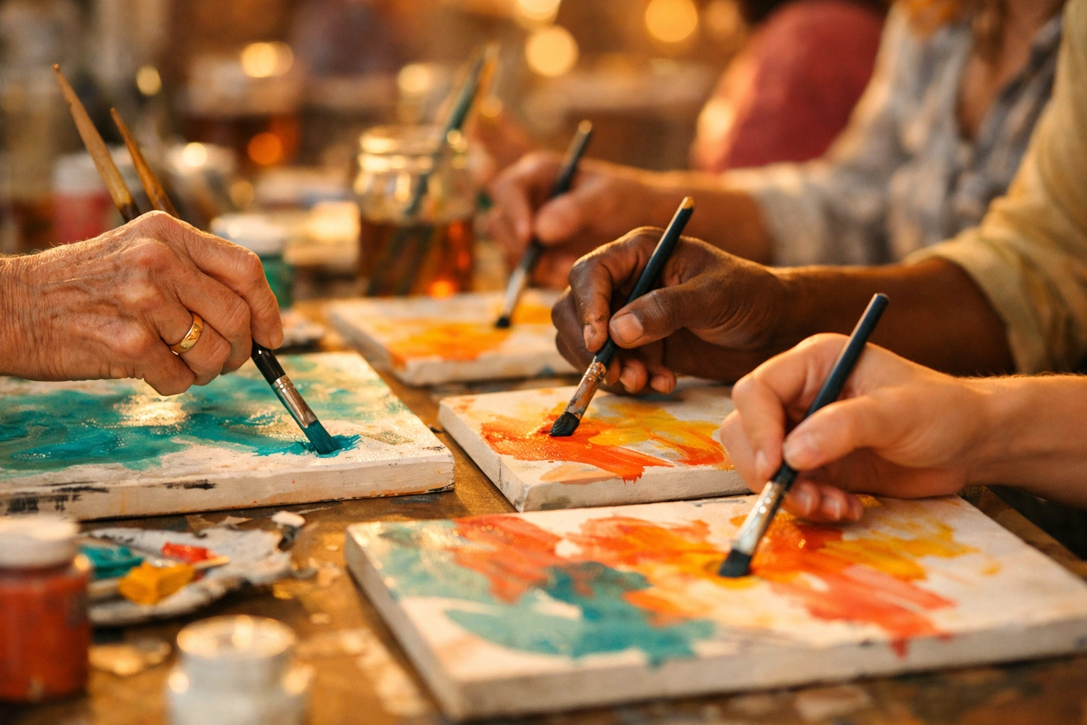 Diverse hands creating art together during monthly team wellness creative reset session