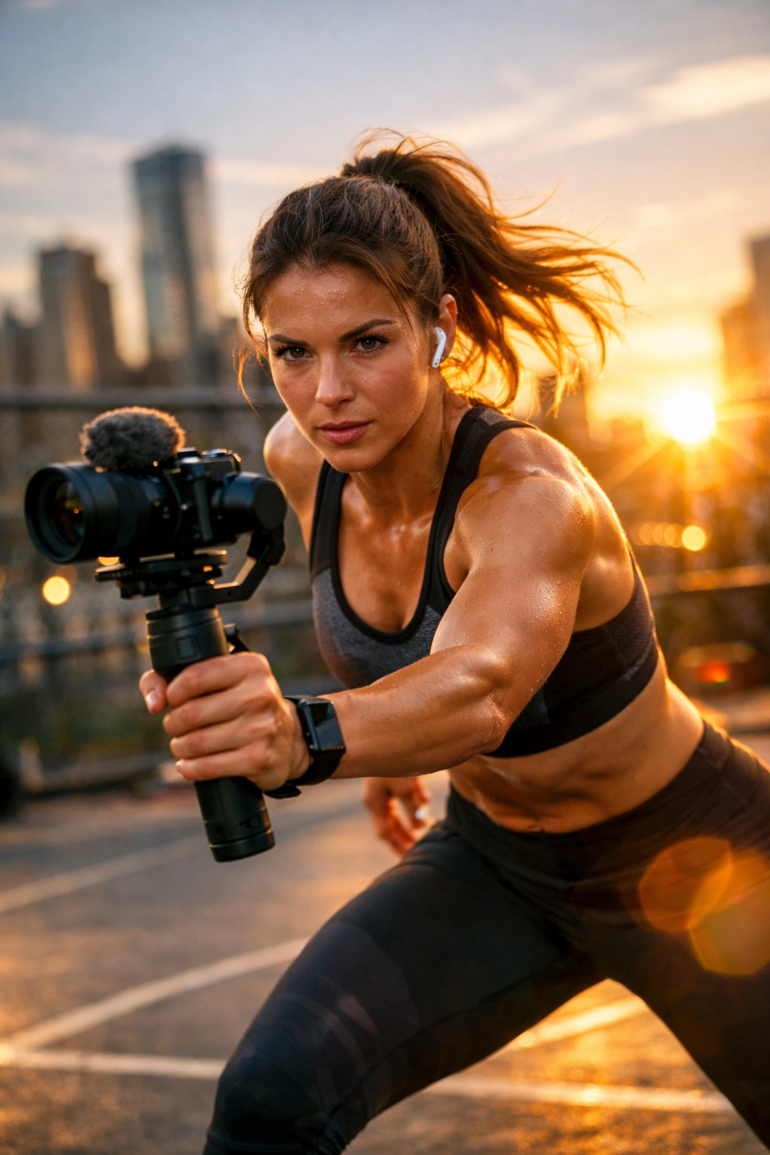 Female athlete vlogging a workout on an urban court for an authentic NIL brand partnership.