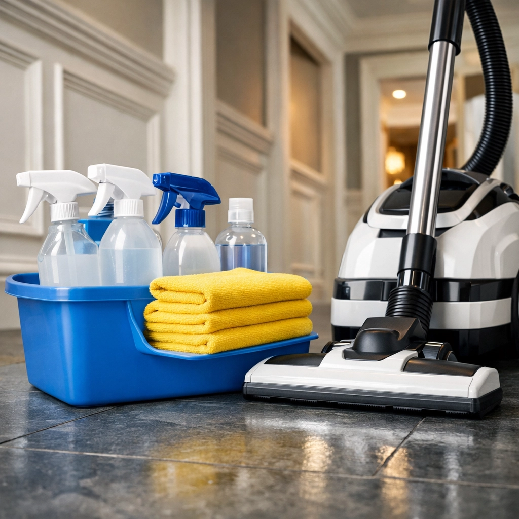 Professional cleaning supplies and vacuum ready for a recurring house cleaning in Massachusetts.