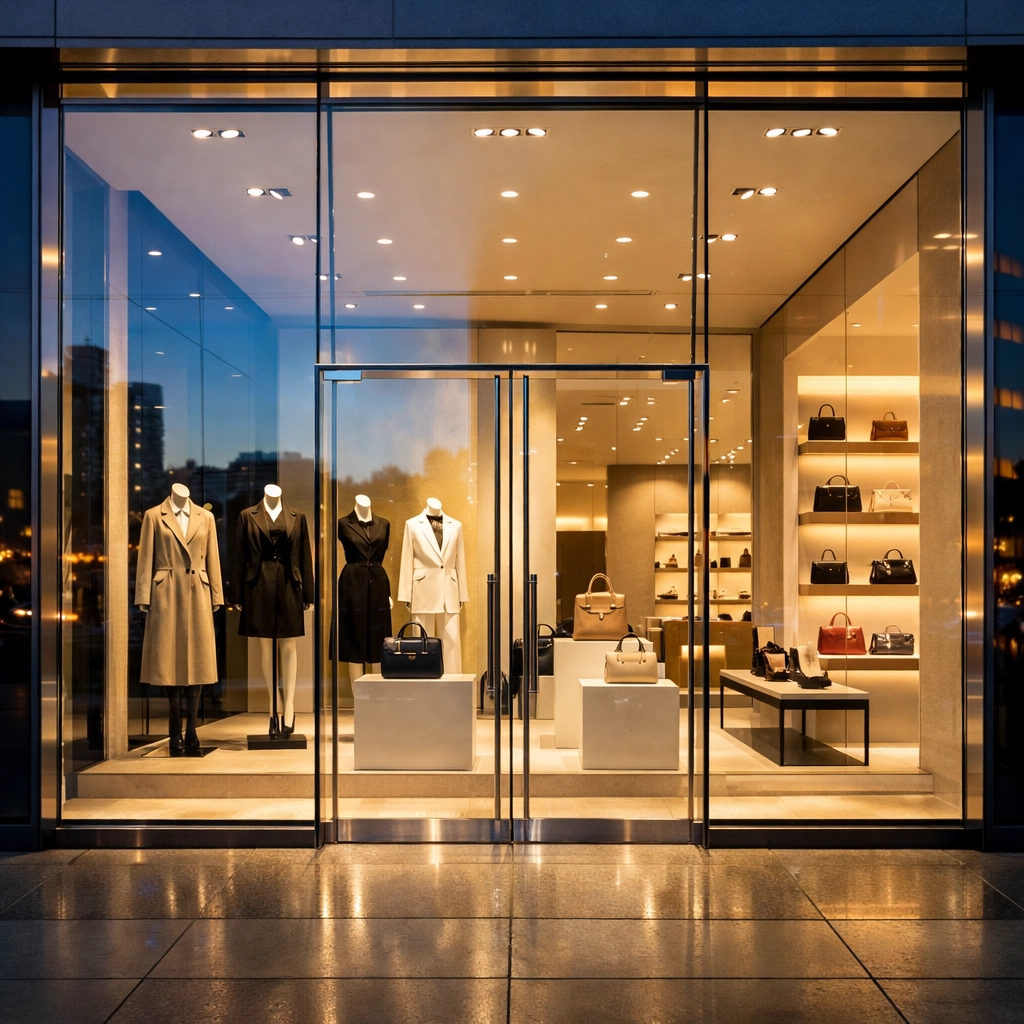Spotless luxury retail storefront glass reflecting city lights, showcasing a pristine fashion display.
