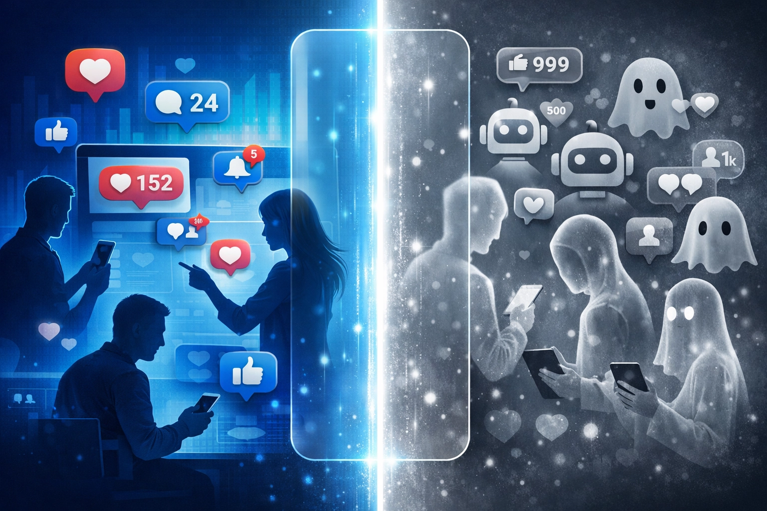 Real engagement versus fake engagement comparison showing authentic followers and purchased bot interactions