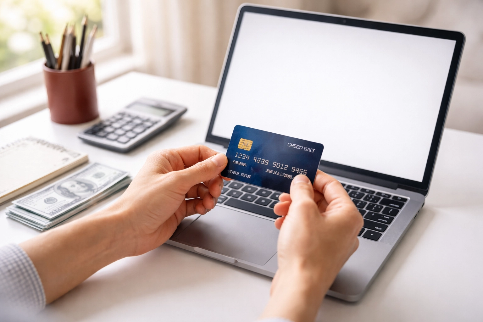Person managing credit card, bills, and finances at a laptop desk to illustrate credit utilization mistakes