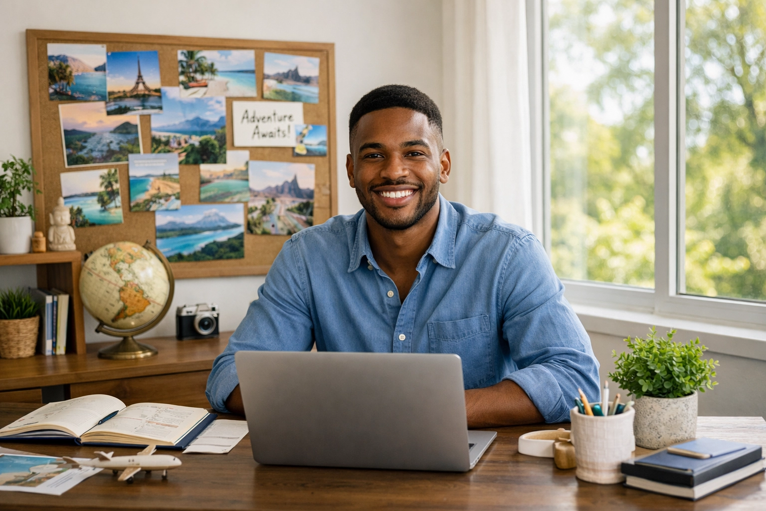 Travel agent working from organized home office maintaining work-life balance without burnout