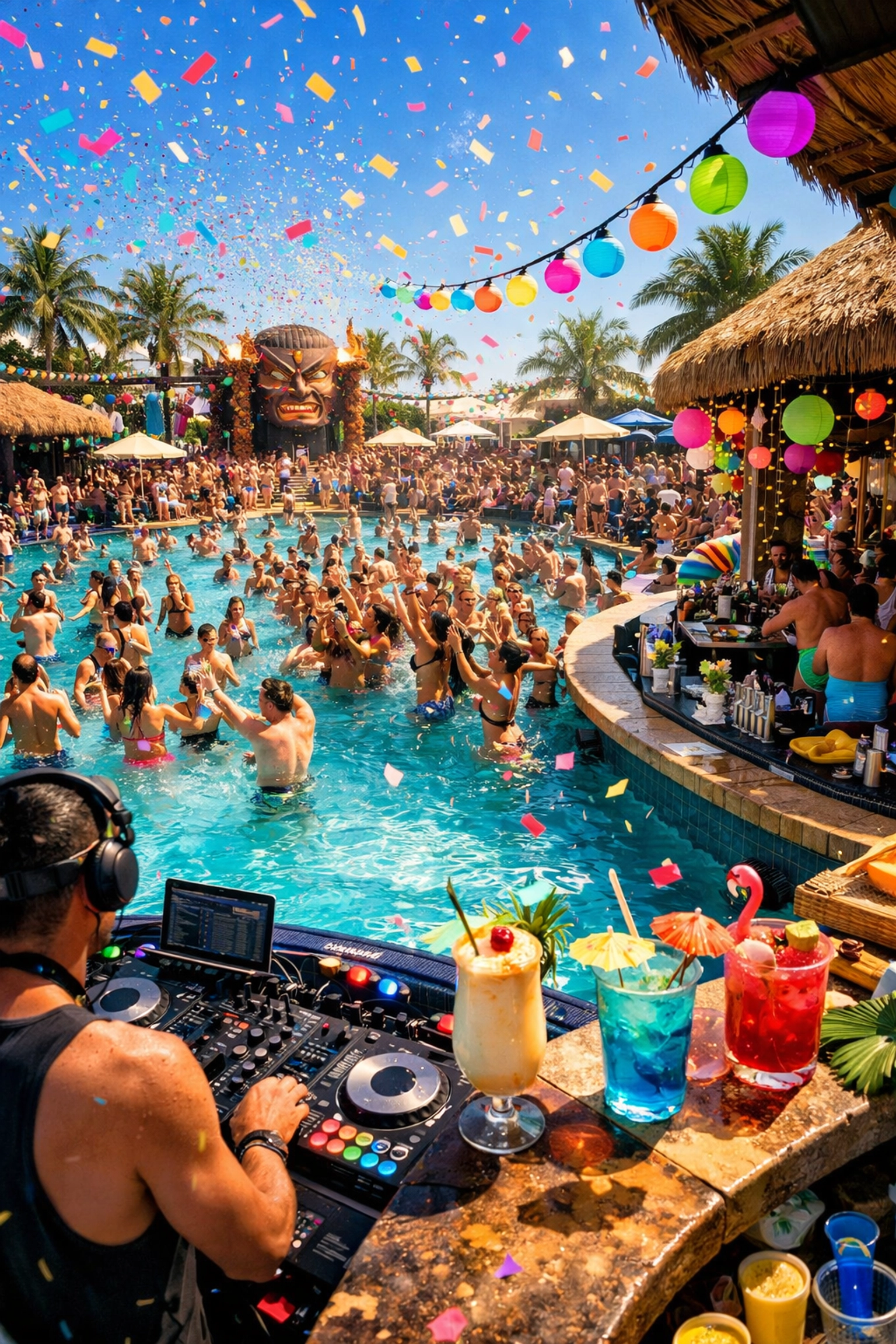 High-energy pool party at Temptation resort with DJ and crowds of guests