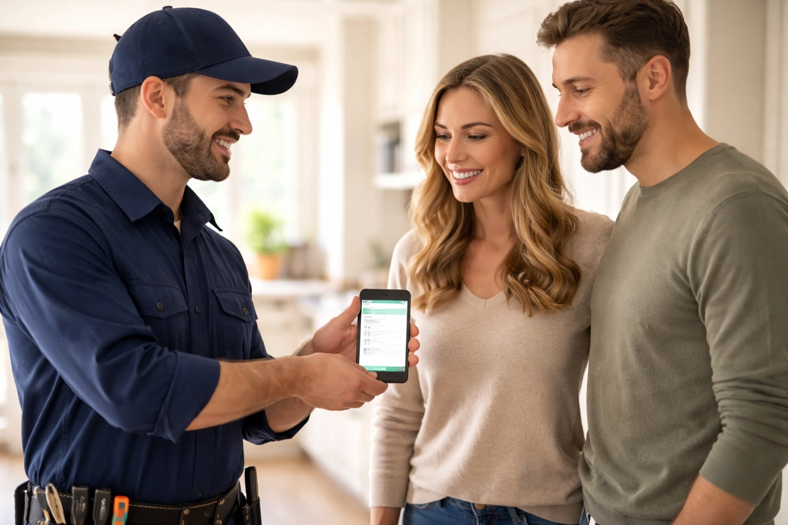 Contractor showing a customer a review request link on a phone or tablet right after the job