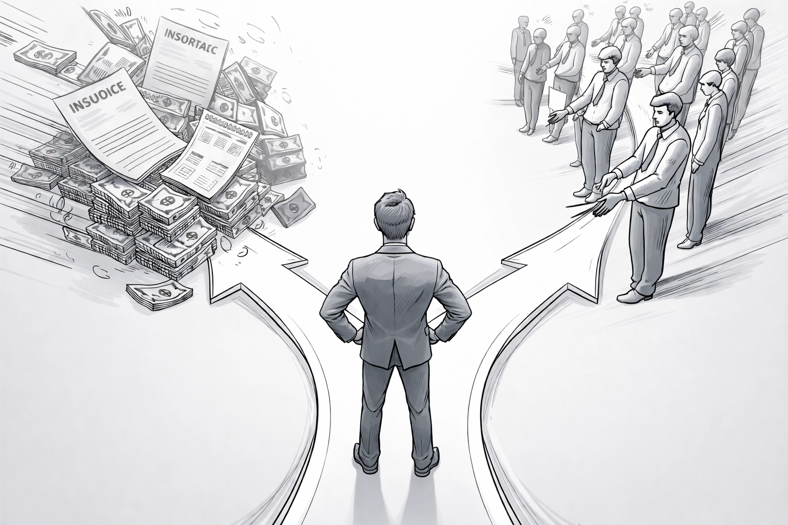 Business owner caught between new contracts and payroll obligations illustrating cash flow timing challenges