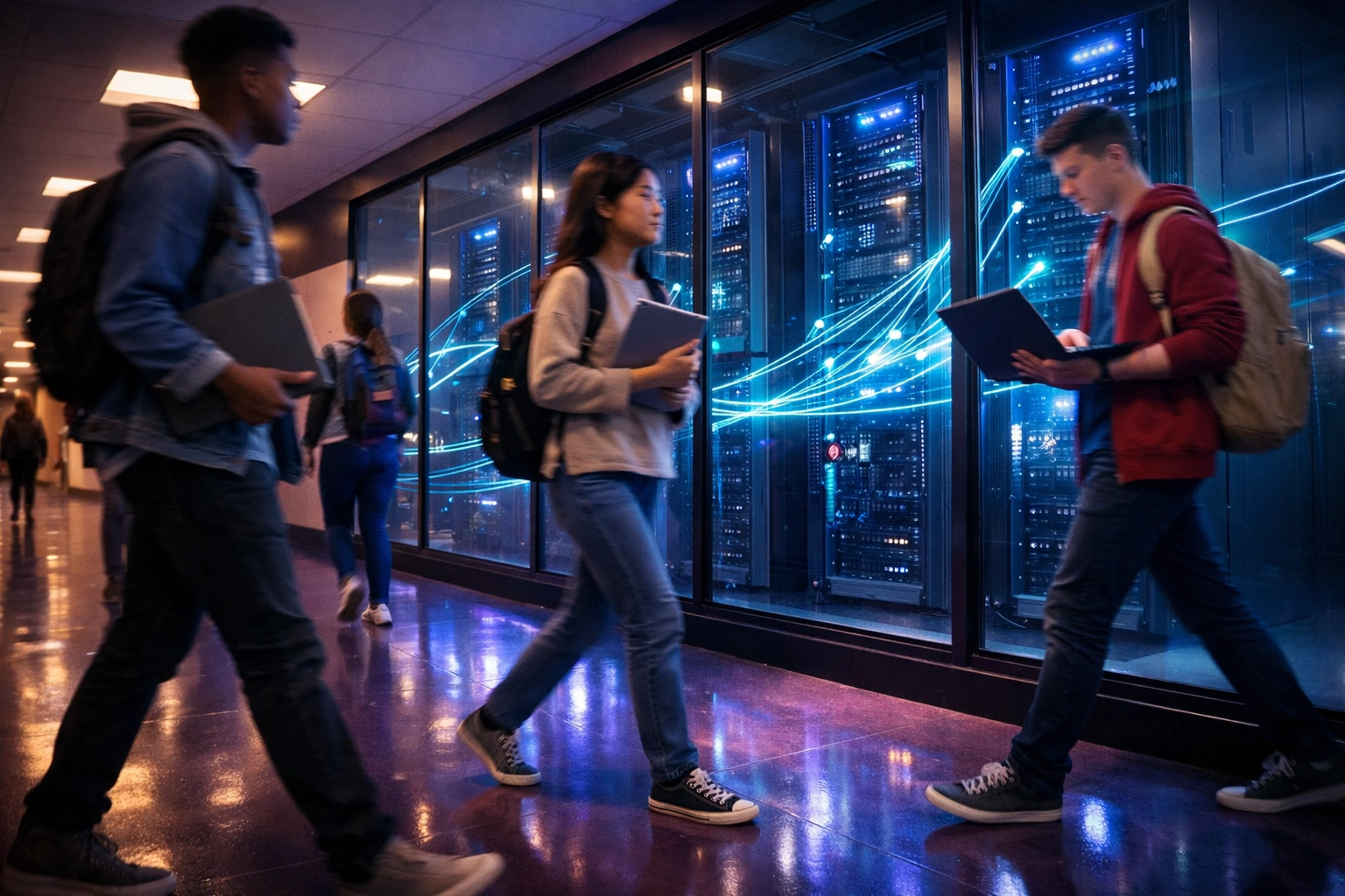 Modern high school cloud computing infrastructure with Gen Z students using educational technology