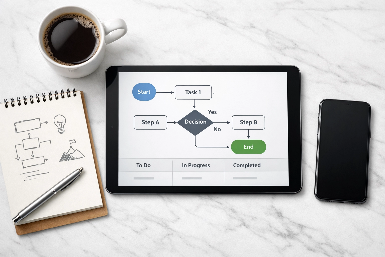 ServiceNow workflow planning with tablet showing streamlined process steps