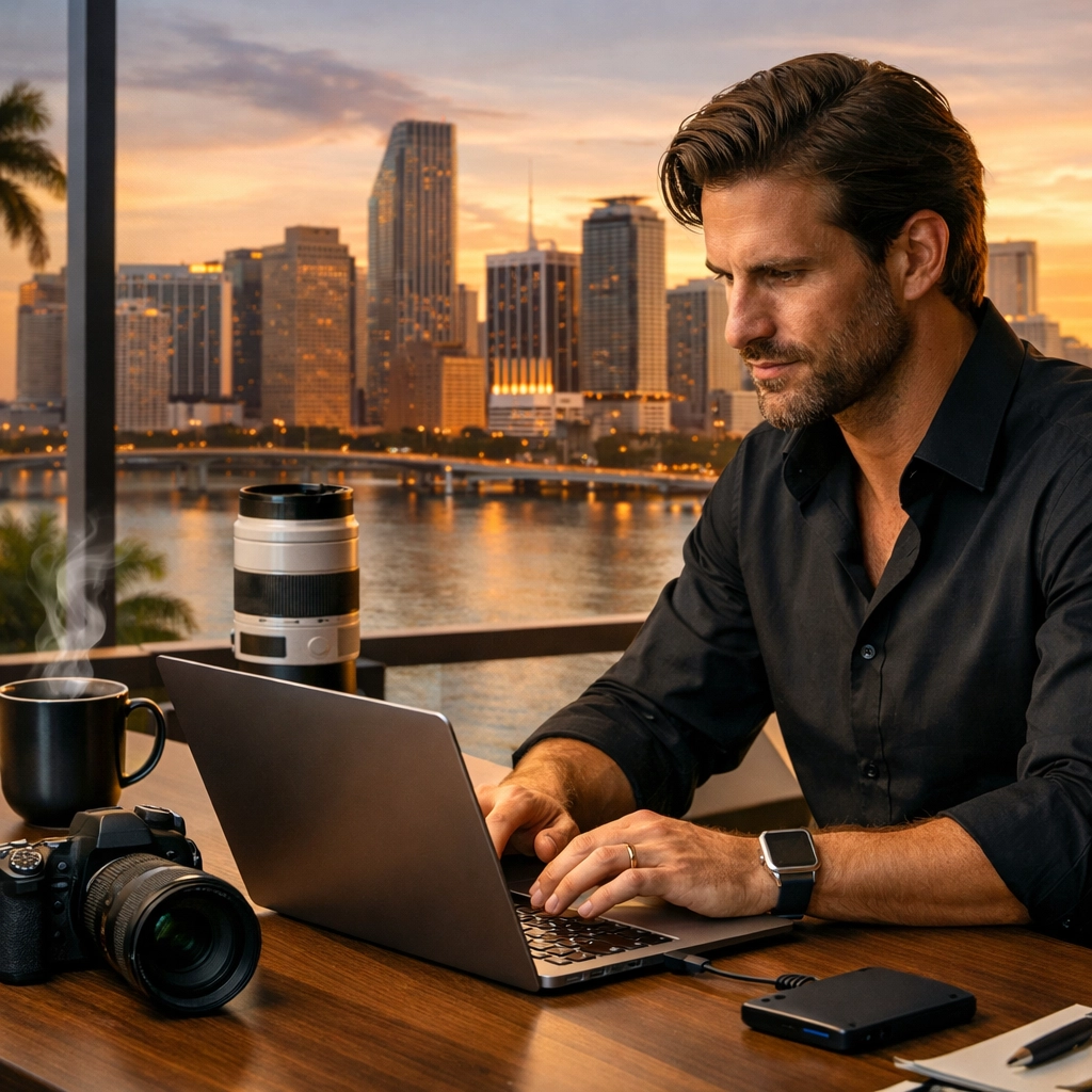 Photographer editing on laptop, speeding up web image loading with smaller photo files