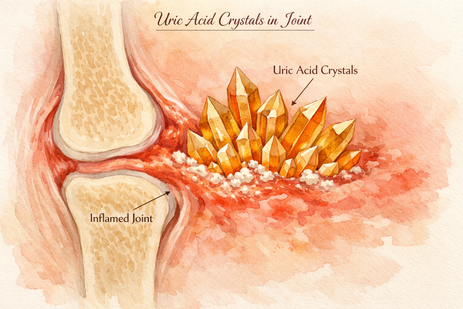 Uric acid crystals forming in inflamed joint tissue causing gout pain