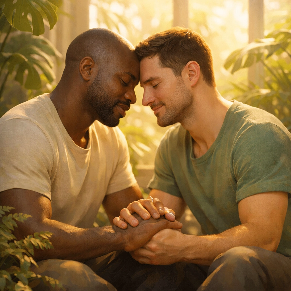 Two men in a tender embrace, highlighting the healing integration of body and spirit in queer spirituality.