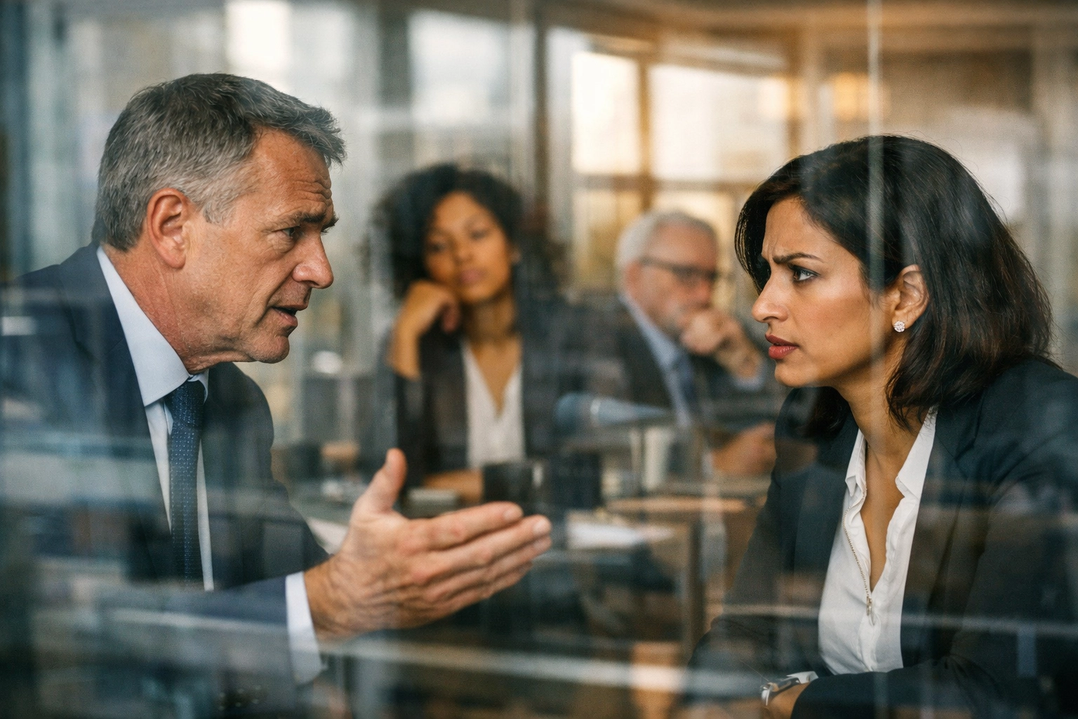 Business executives in discussion during due diligence assessment revealing company culture