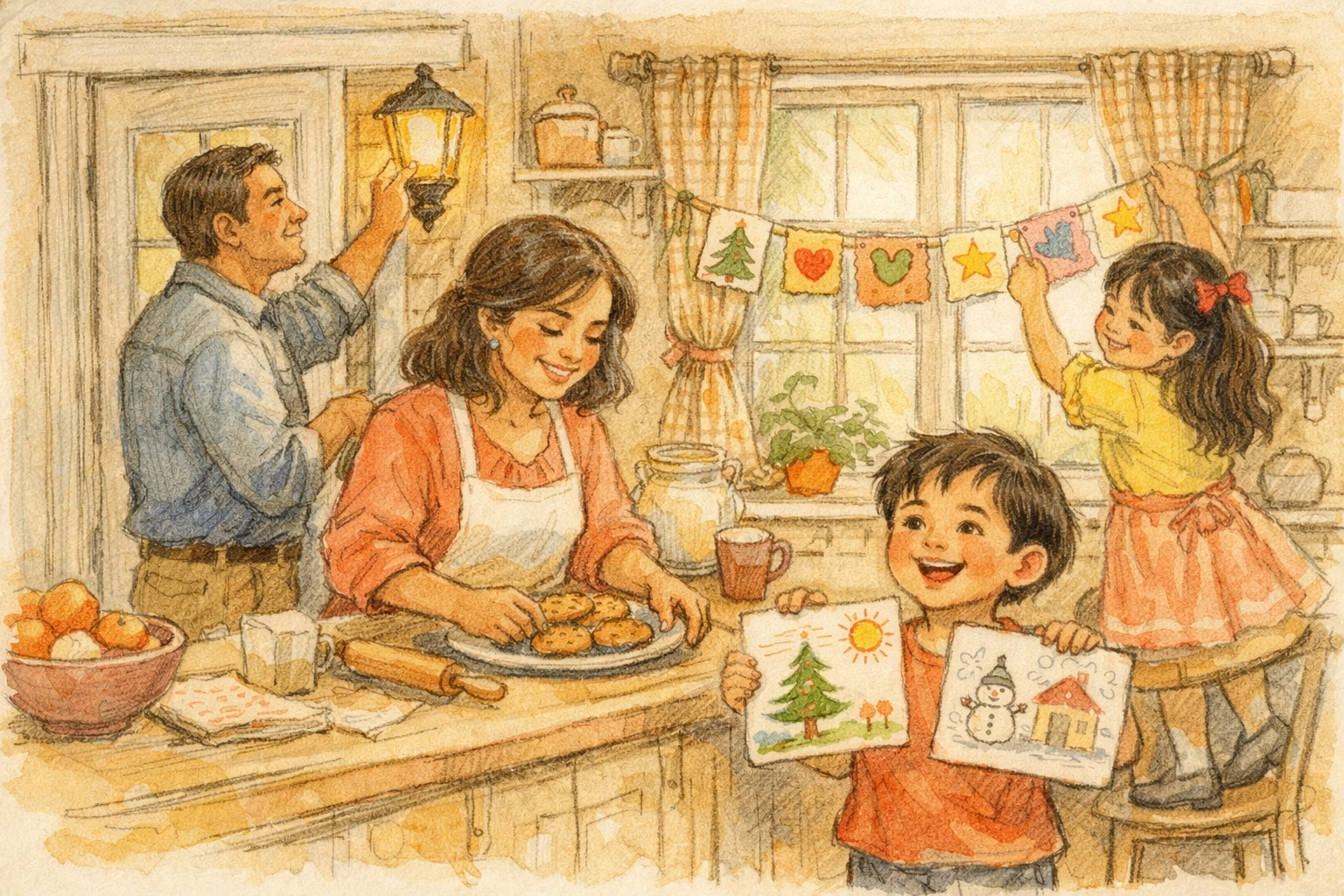 Family joyfully preparing together to welcome a special guest