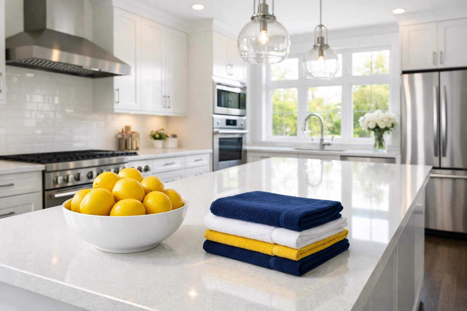 Pristine kitchen with white countertops and stainless steel appliances after a deep cleaning Worcester session.