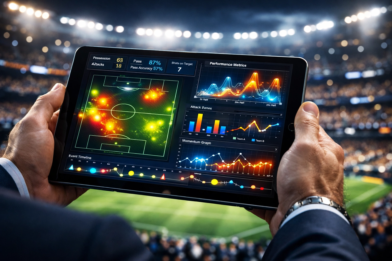 Professional sports marketing analytics dashboard showing real-time fan engagement and campaign ROI.