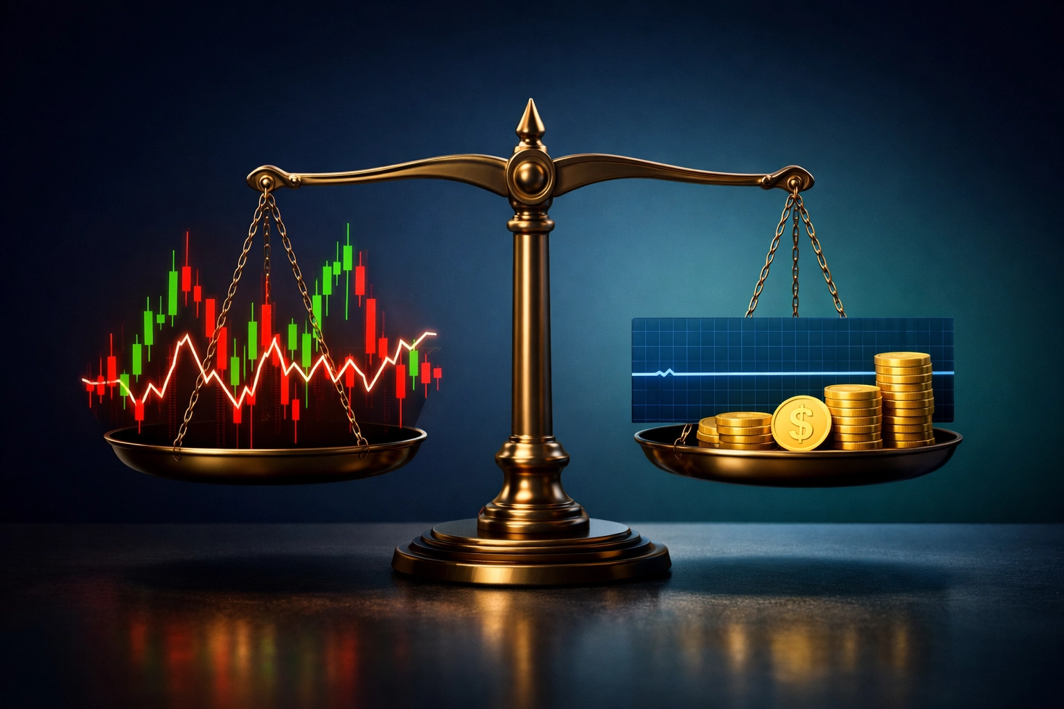 Balanced scale comparing volatile cryptocurrency with stable LUSD stablecoin payments