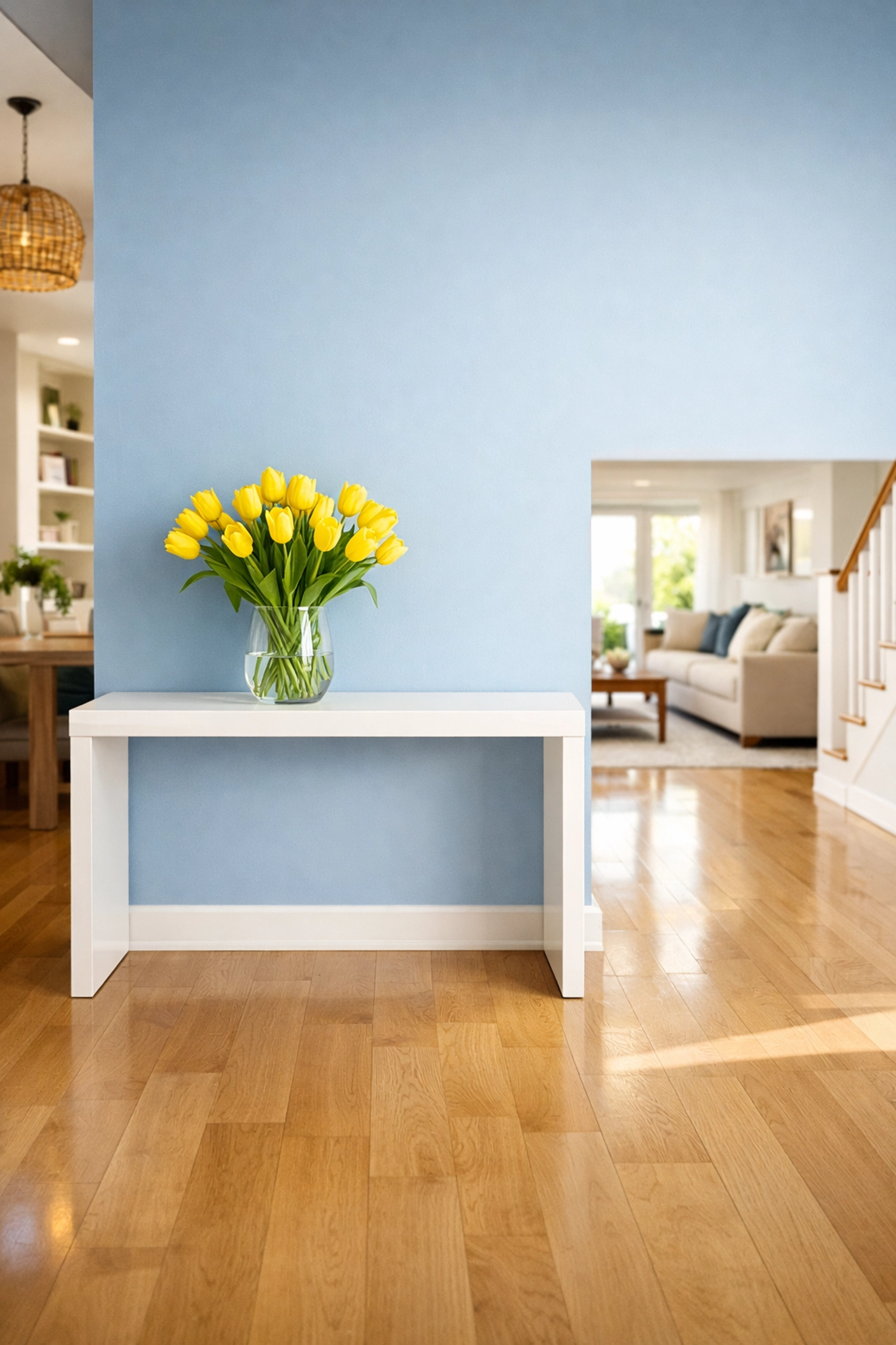 A spotless modern entryway with cleaned hardwood floors using green cleaning services Lowell MA for a healthy home.