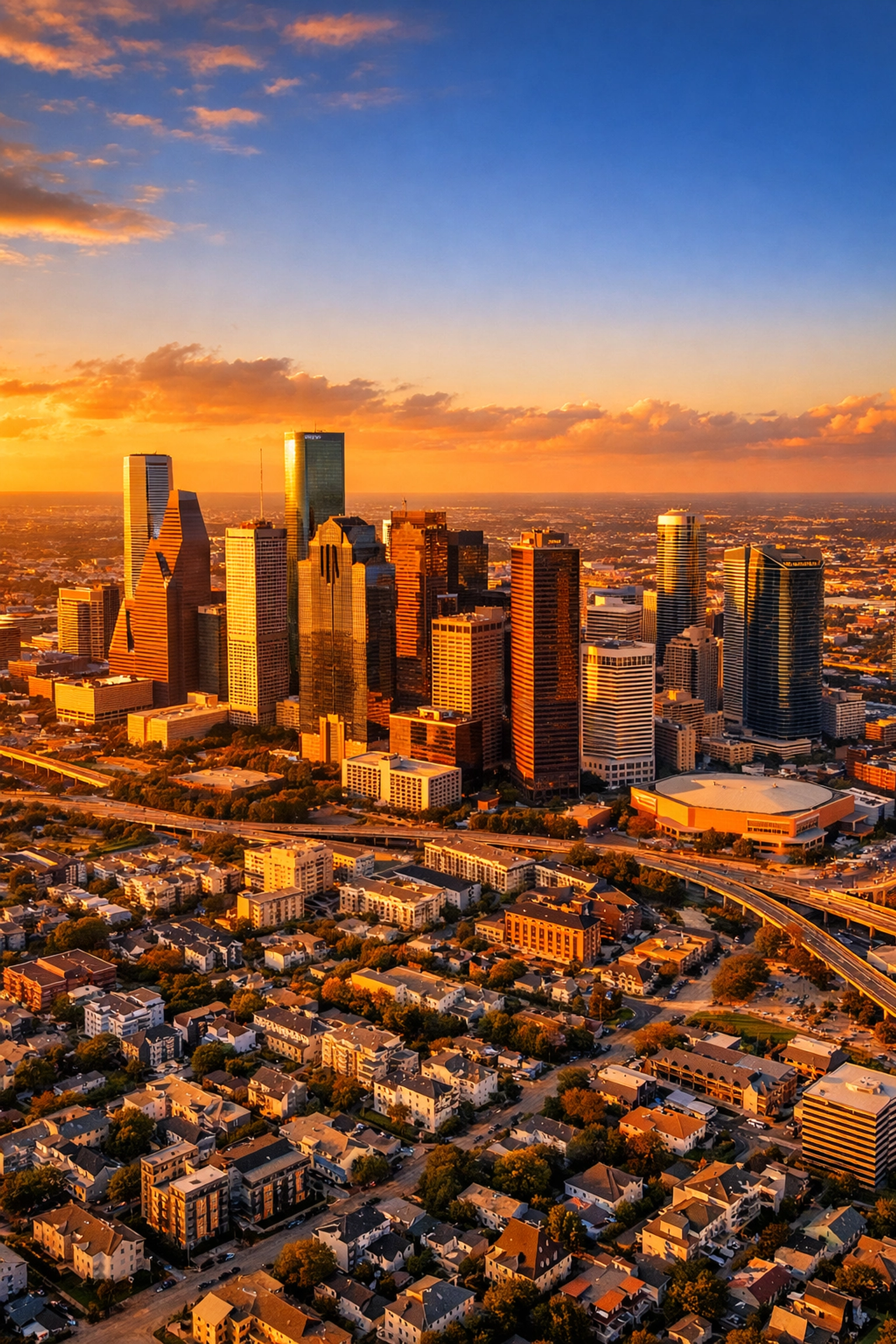 Houston downtown skyline aerial view showcasing prime real estate investment opportunities