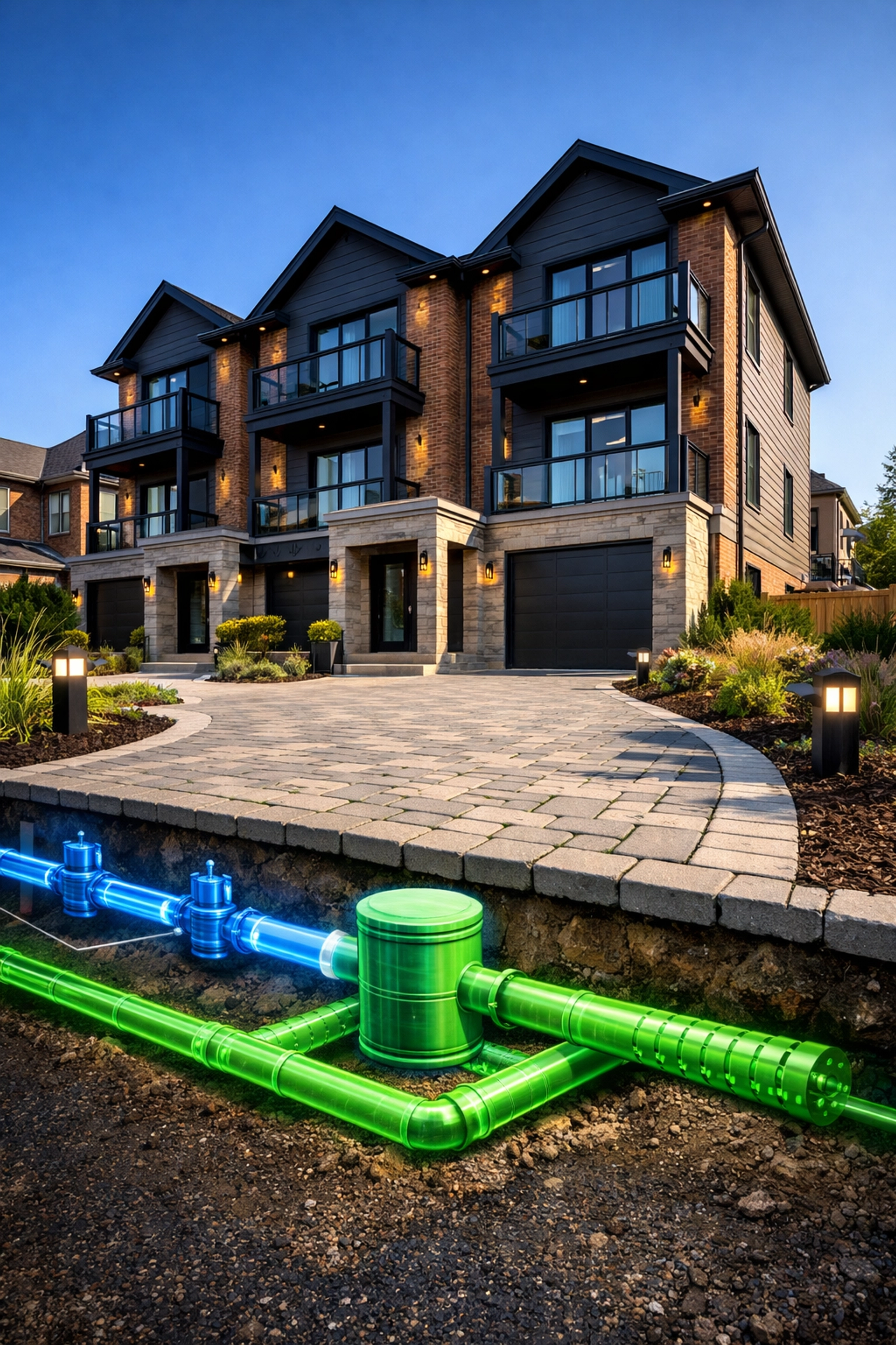 Completed house to 4-plex conversion in Ontario with underground sanitary and water service layout.