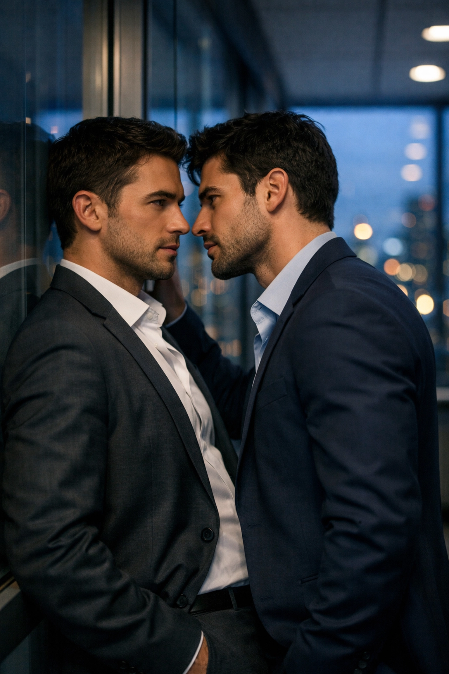 Two men in professional attire sharing an intense look, illustrating a gay workplace romance trope.