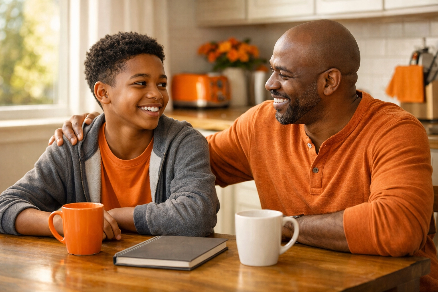 Father and teenage son having comfortable conversation at kitchen table about puberty