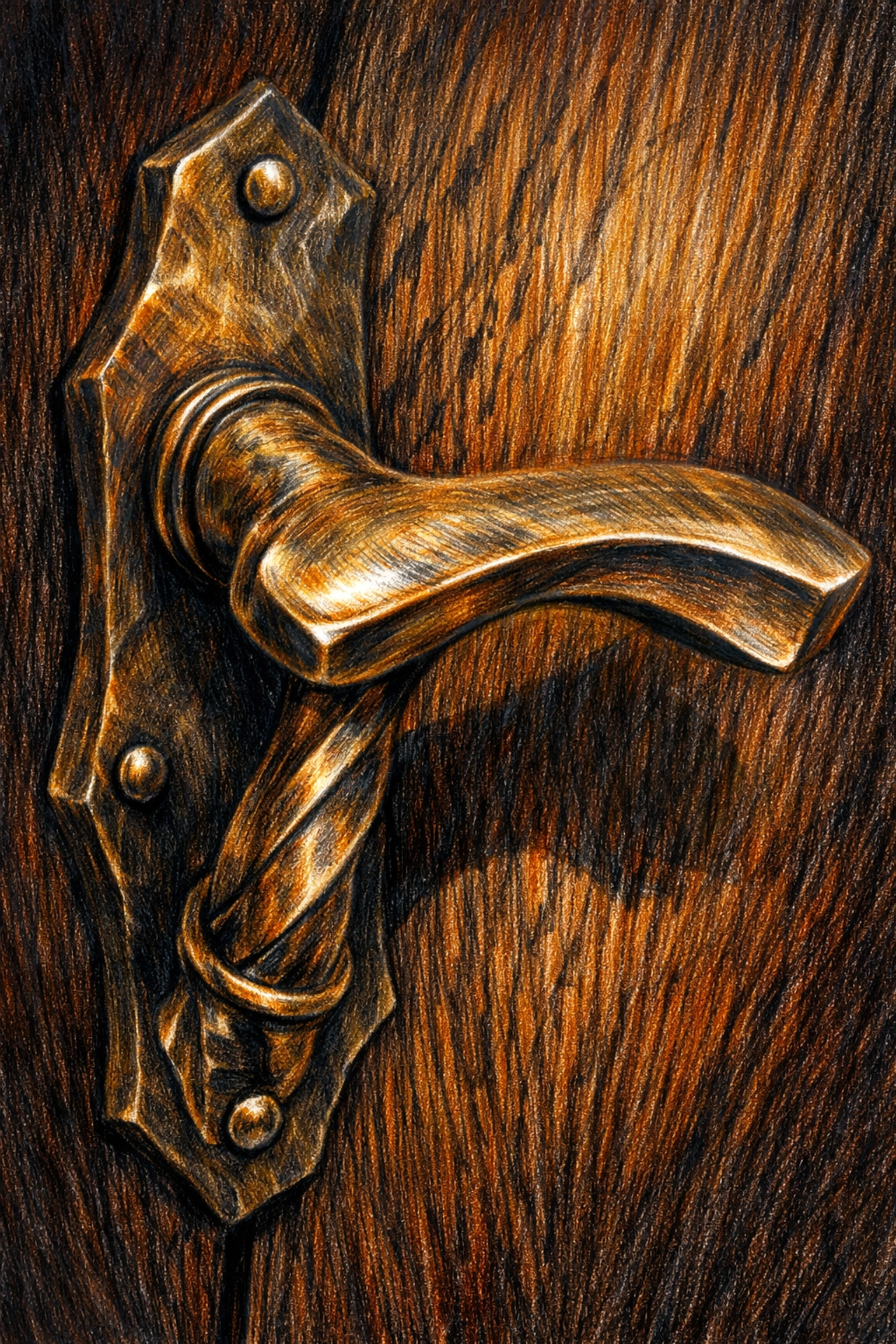 Artisan bronze door handle on an oak door, showcasing high-end luxury hospitality details.