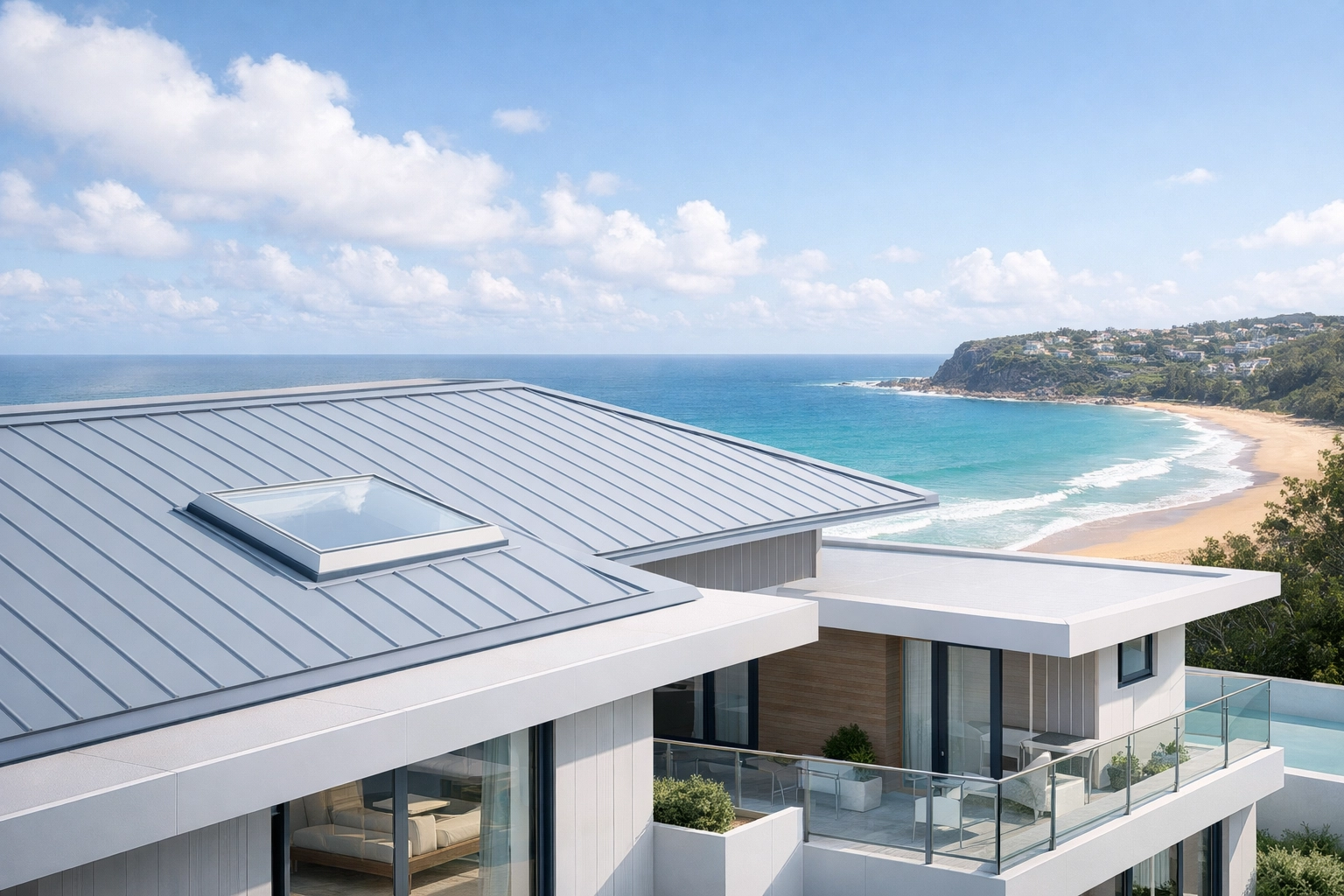 Modern metal roofing on a Northern Beaches coastal home showing salt-resistant protective coatings.