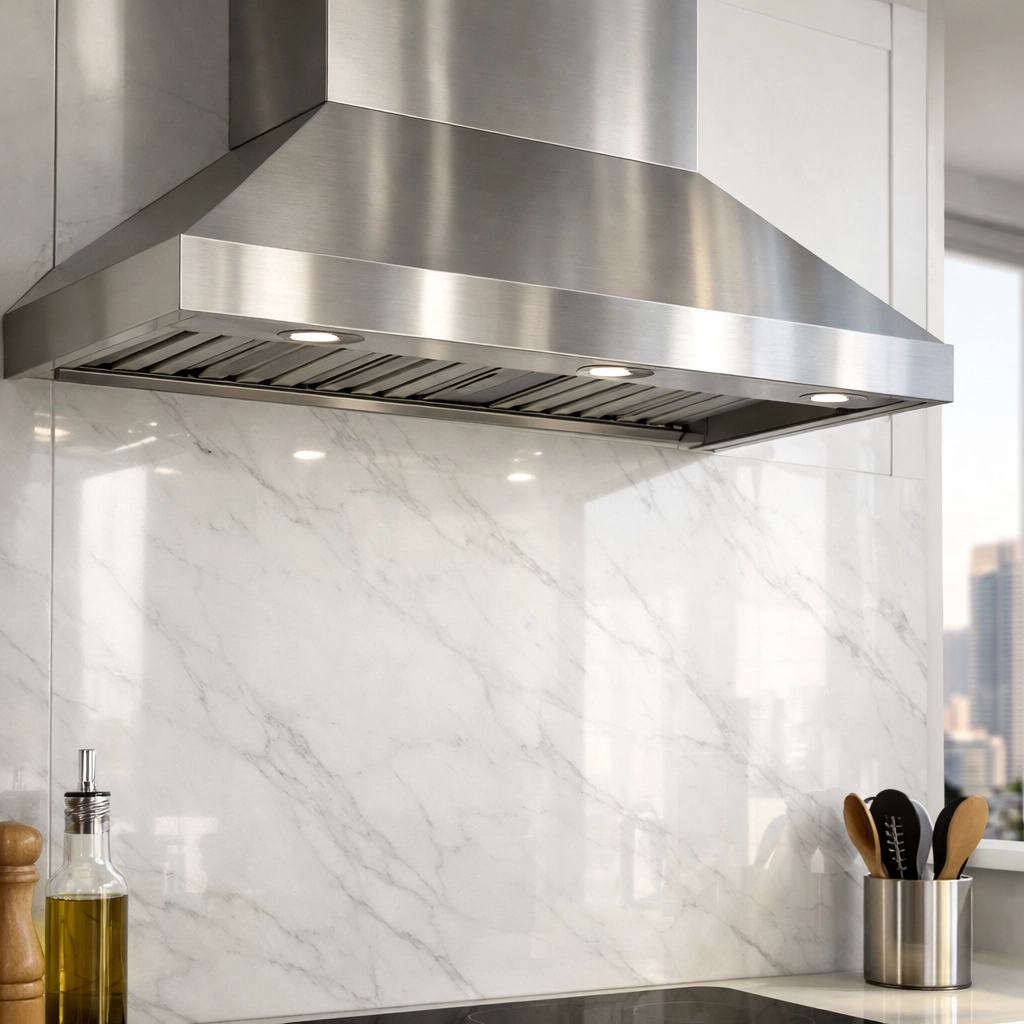 Deep-cleaned modern kitchen range hood and marble backsplash in a Chicago property management turnover.