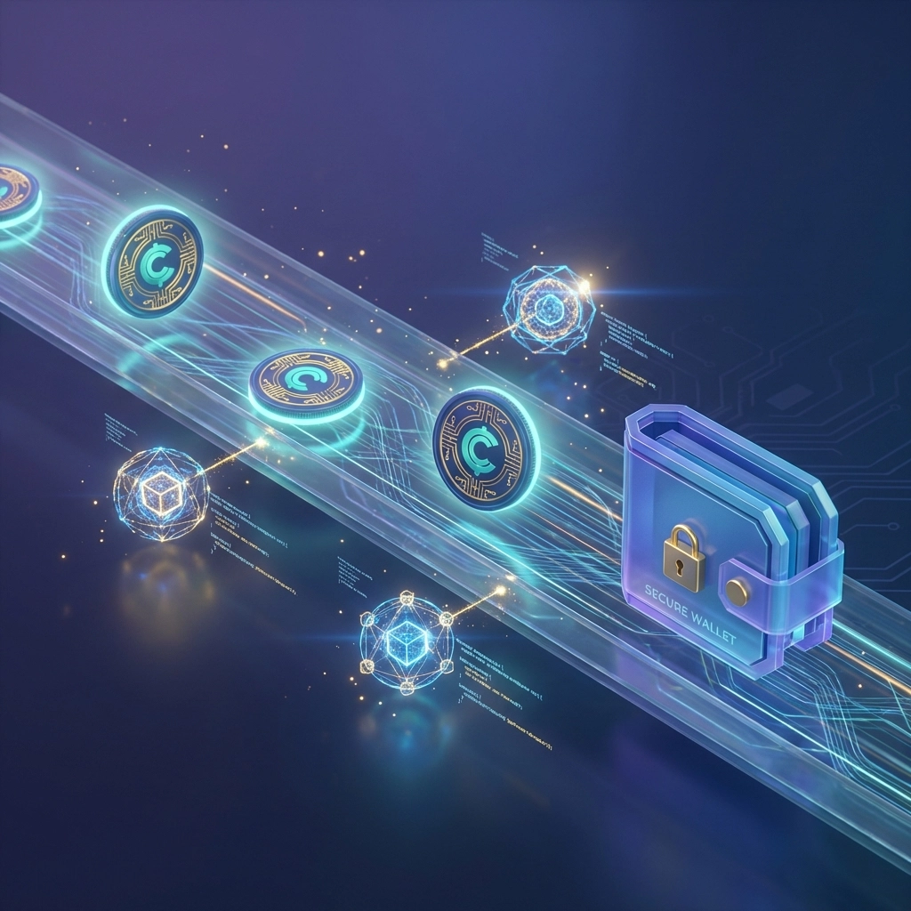 Digital transaction flow showing cryptocurrency coins moving securely through a blockchain path to a business wallet for Web3 payments