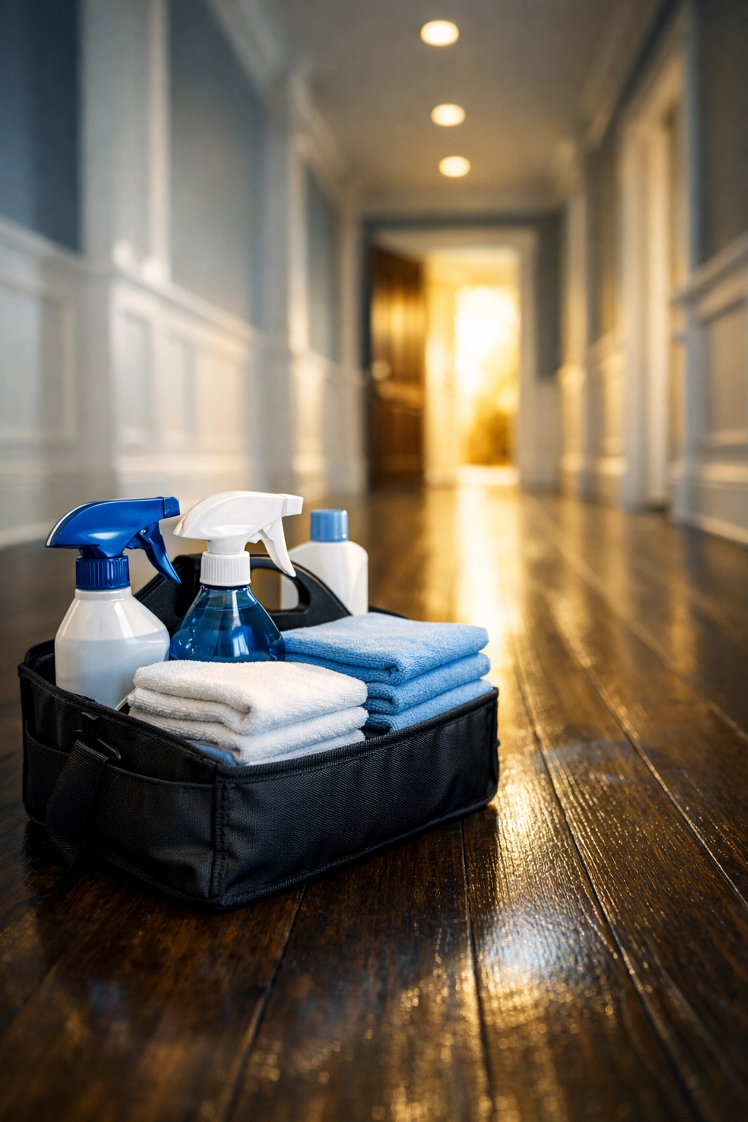 Professional cleaning supplies prepared for a thorough move-out cleaning in West Harwich, MA.