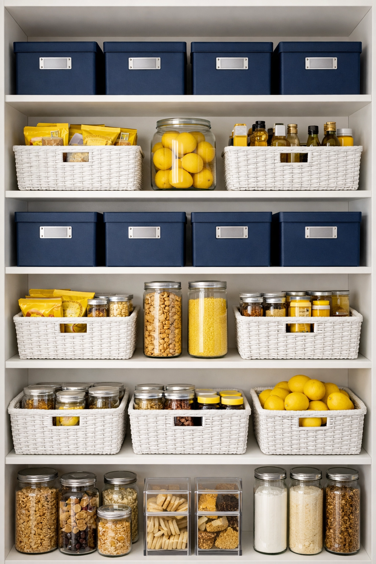 Symmetrical pantry organization featuring white woven baskets and labeled navy blue storage bins.